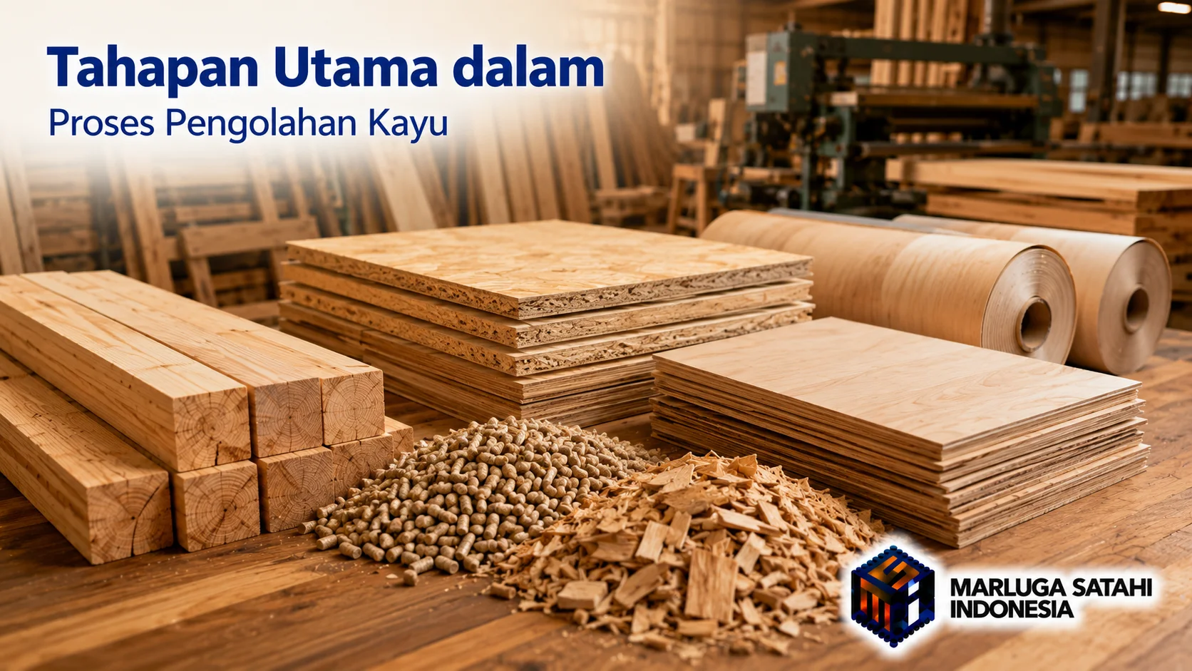 Material kayu hasil pengolahan berupa balok kayu, plywood, OSB, veneer, wood pellet, dan serpihan kayu di area produksi industri.