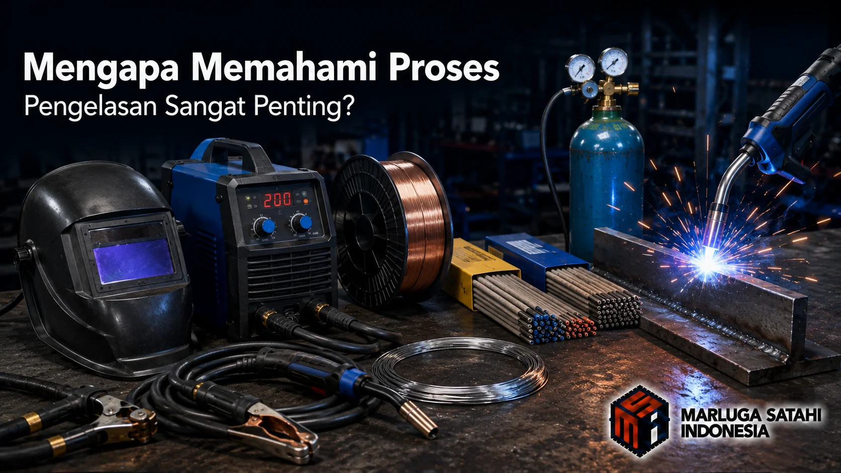 Banner industri yang menampilkan peralatan pengelasan seperti mesin las, kawat las, elektroda, tabung gas, helm las, dan proses pengelasan aktif dengan percikan api, dengan judul "Mengapa Memahami Proses Pengelasan Sangat Penting?" serta logo Marluga Satahi Indonesia.