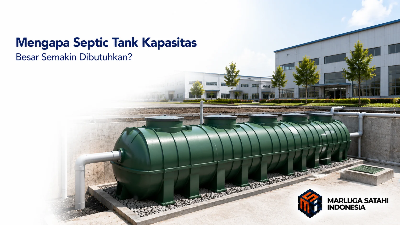 Ilustrasi photorealistic septic tank biofilter kapasitas besar berbahan FRP terpasang pada area instalasi modern dengan jaringan perpipaan dan bangunan industri sebagai latar belakang.