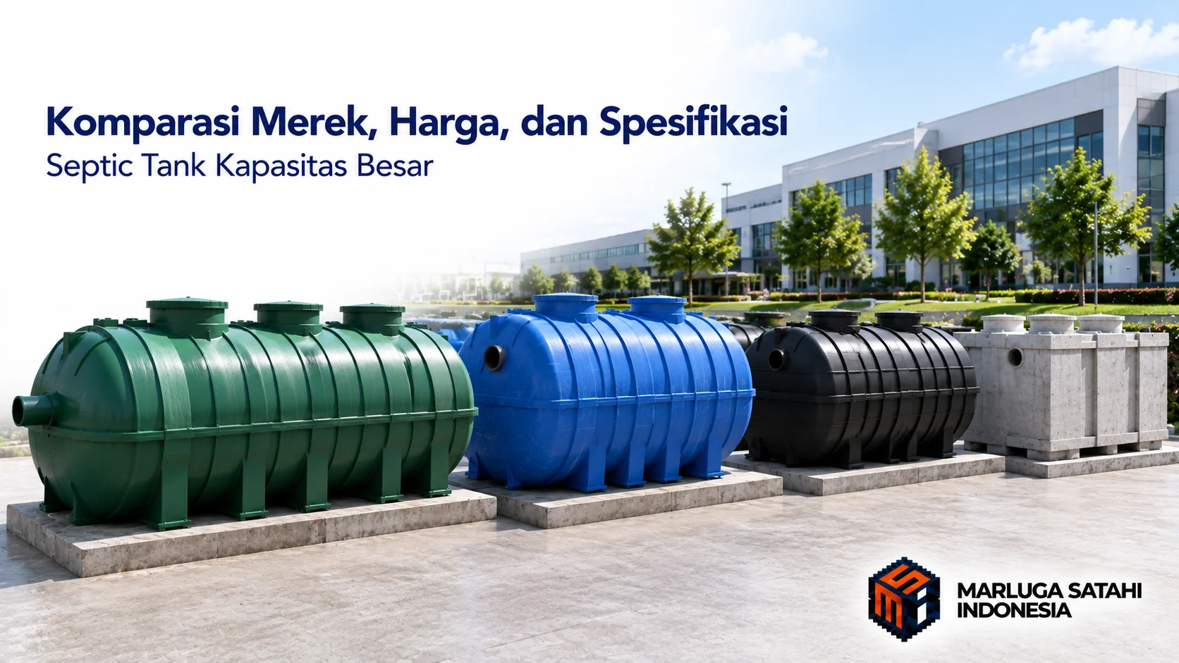 Banner photorealistic yang menampilkan beberapa model septic tank kapasitas besar berbahan FRP dan beton precast untuk membandingkan spesifikasi, material, dan desain pada lingkungan fasilitas modern.