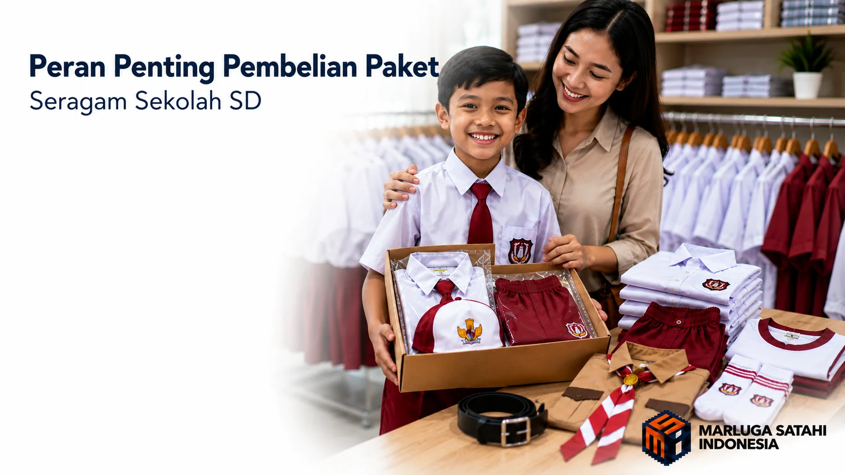Siswa SD tersenyum bangga memegang kotak paket seragam lengkap ditemani orang tuanya di toko pakaian.