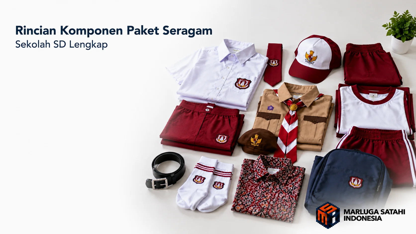 Susunan rapi seluruh komponen paket seragam sekolah SD mulai dari seragam utama hingga kelengkapan atribut.