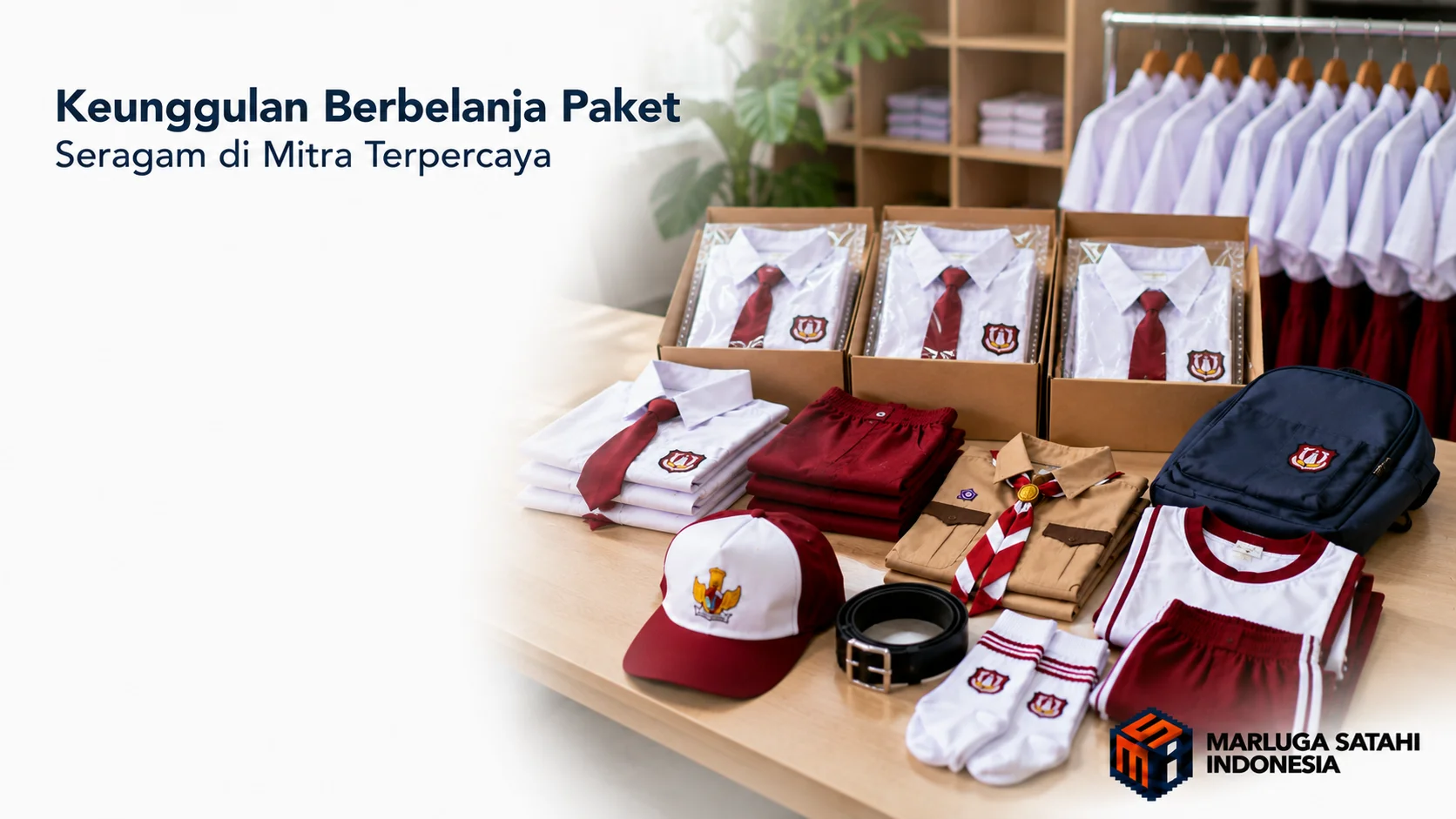 Penjahit profesional sedang menunjukkan kualitas jahitan dan kain seragam bawahan SD kepada pelanggan.