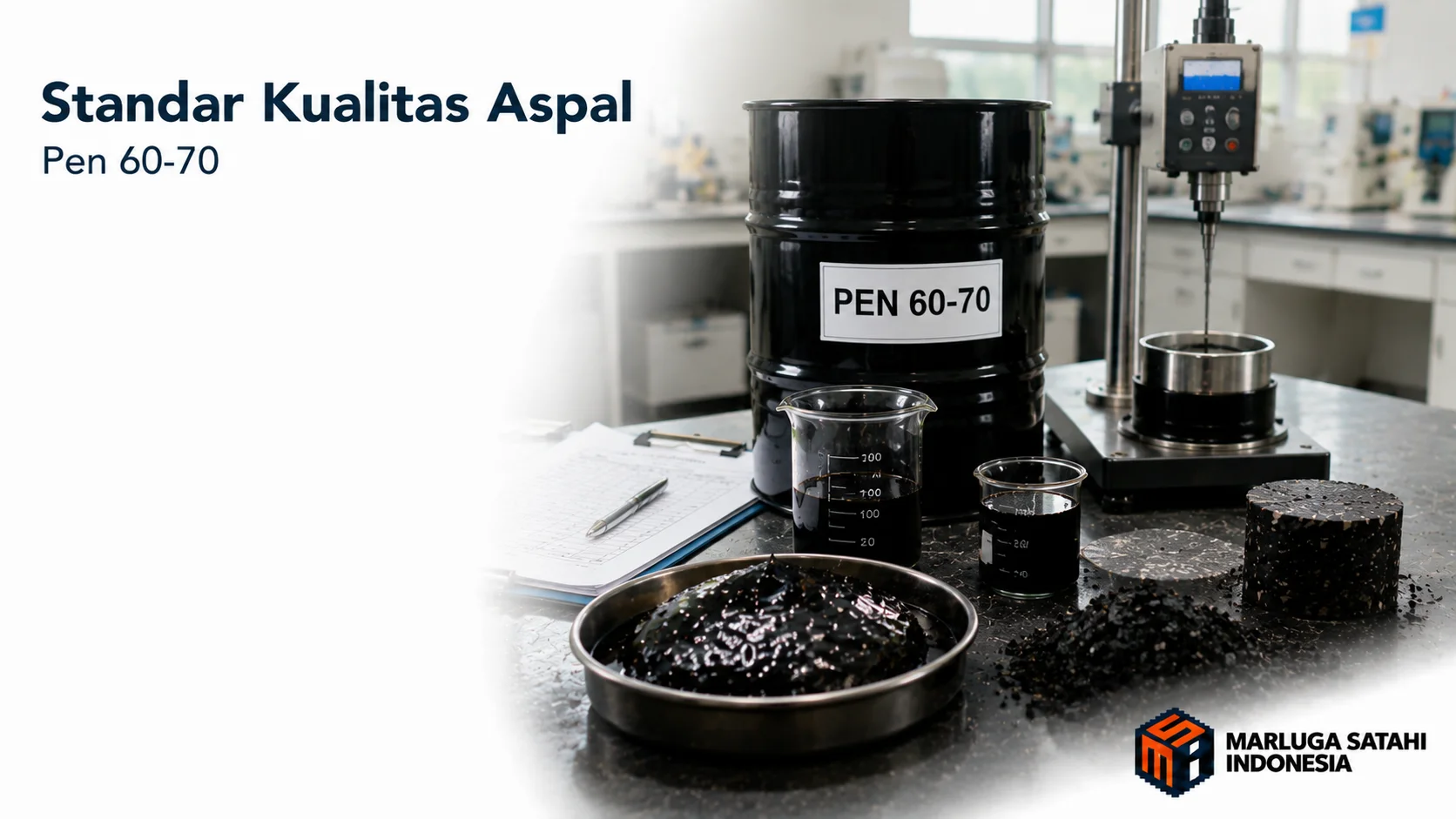 Pengujian standar kualitas aspal pen 60-70 di laboratorium material jalan.