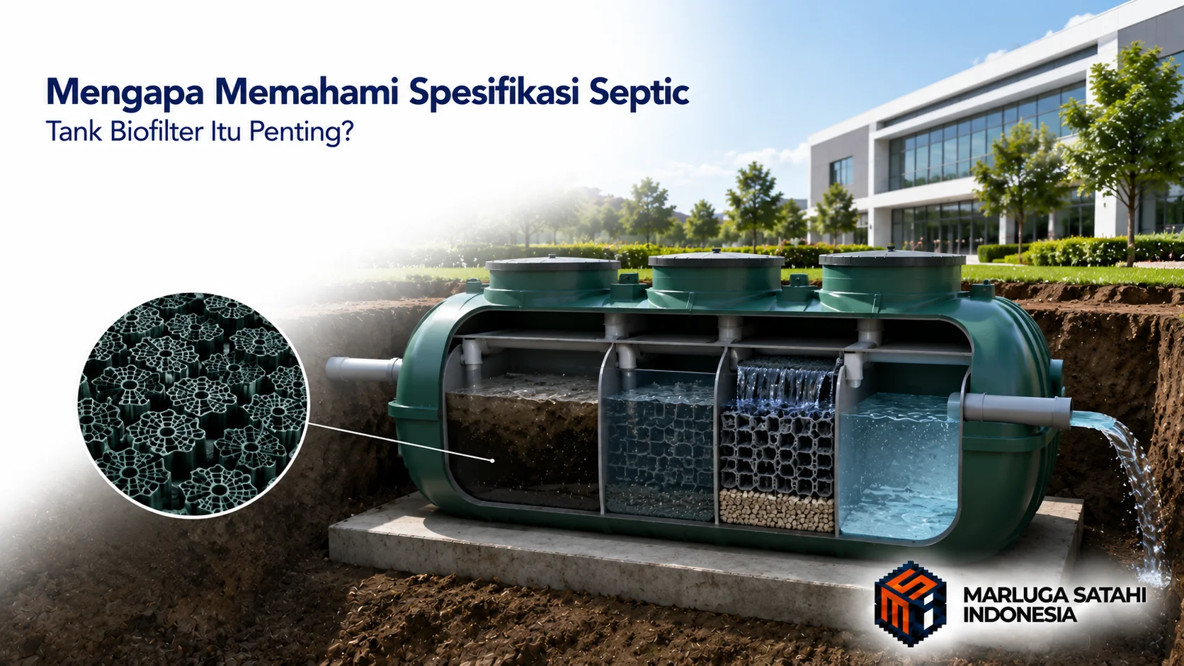 Banner fotorealistis yang menampilkan potongan melintang (cutaway) septic tank biofilter lengkap dengan media biofilter dan alur pengolahan limbah di area bangunan modern, disertai judul "Mengapa Memahami Spesifikasi Septic Tank Biofilter Itu Penting?" dan logo Marluga Satahi Indonesia.