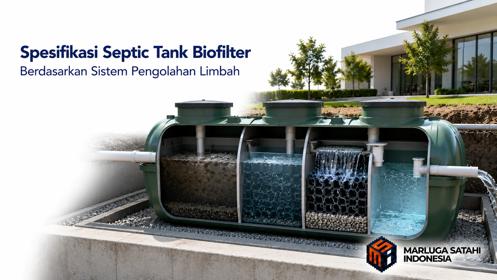 Banner fotorealistis yang memperlihatkan ilustrasi potongan internal septic tank biofilter dengan beberapa ruang pengolahan limbah, media biofilter, serta aliran air hasil olahan di lingkungan gedung modern, lengkap dengan judul "Spesifikasi Septic Tank Biofilter Berdasarkan Sistem Pengolahan Limbah" dan logo Marluga Satahi Indonesia.