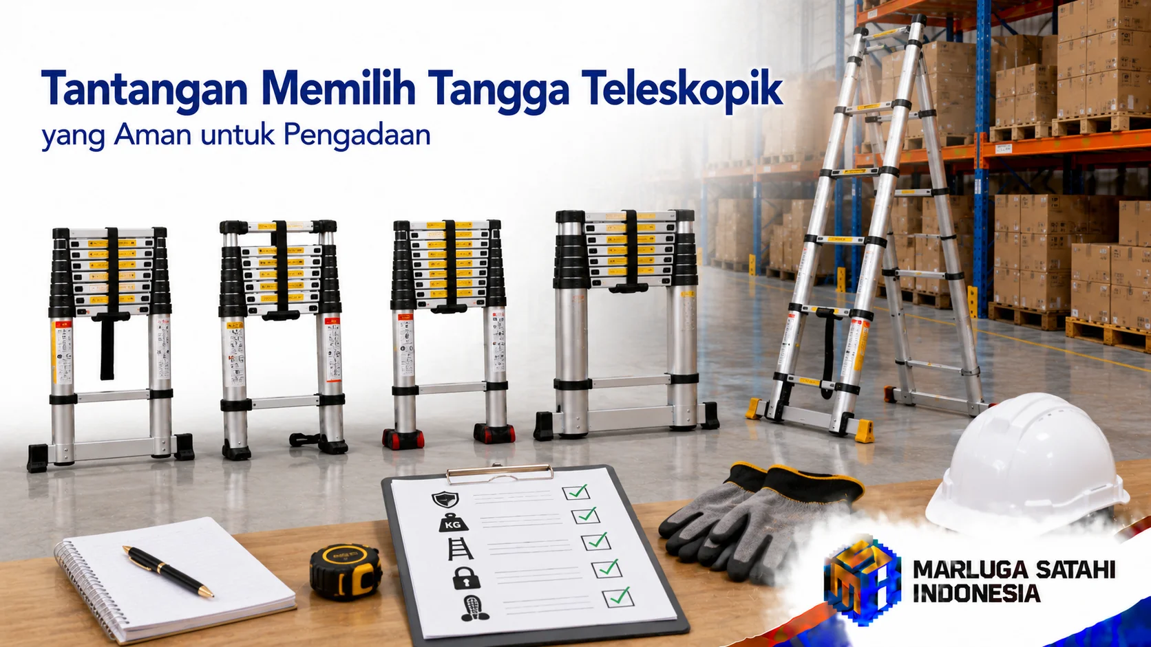 Spesifikasi tangga teleskopik berdasarkan material, tinggi, dan kapasitas beban untuk kebutuhan pengadaan, ditampilkan dengan berbagai ukuran tangga teleskopik aluminium di gudang modern.