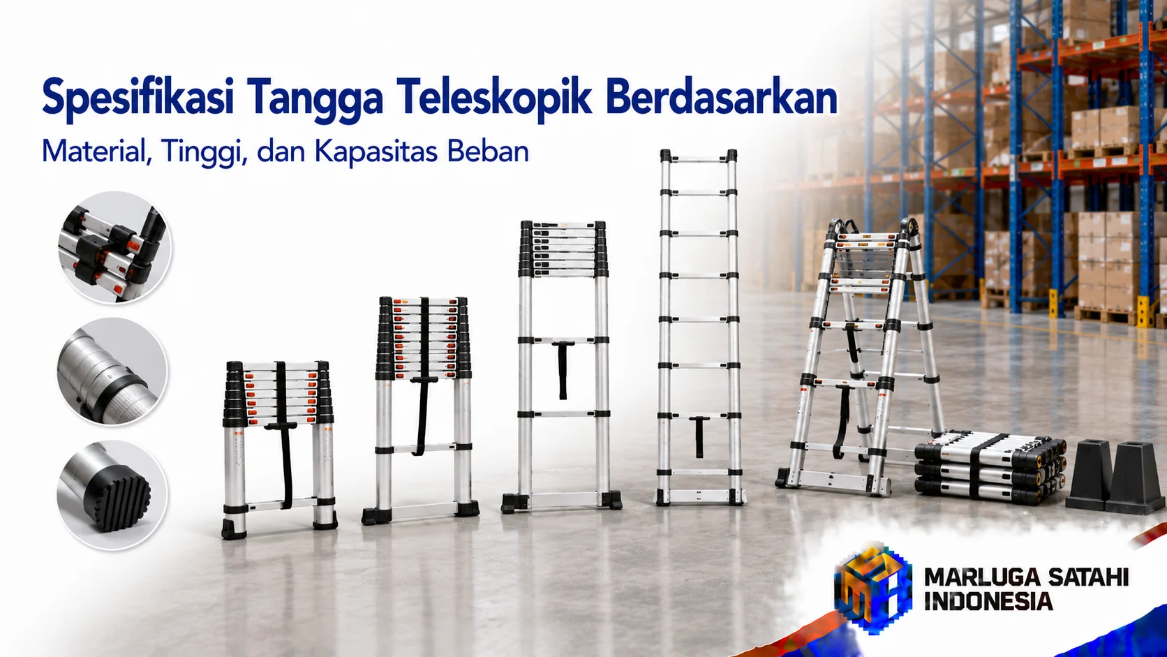Beragam tangga teleskopik aluminium dengan variasi tinggi dan kapasitas beban sebagai solusi pengadaan yang aman dan efisien untuk pekerjaan maintenance dan operasional.