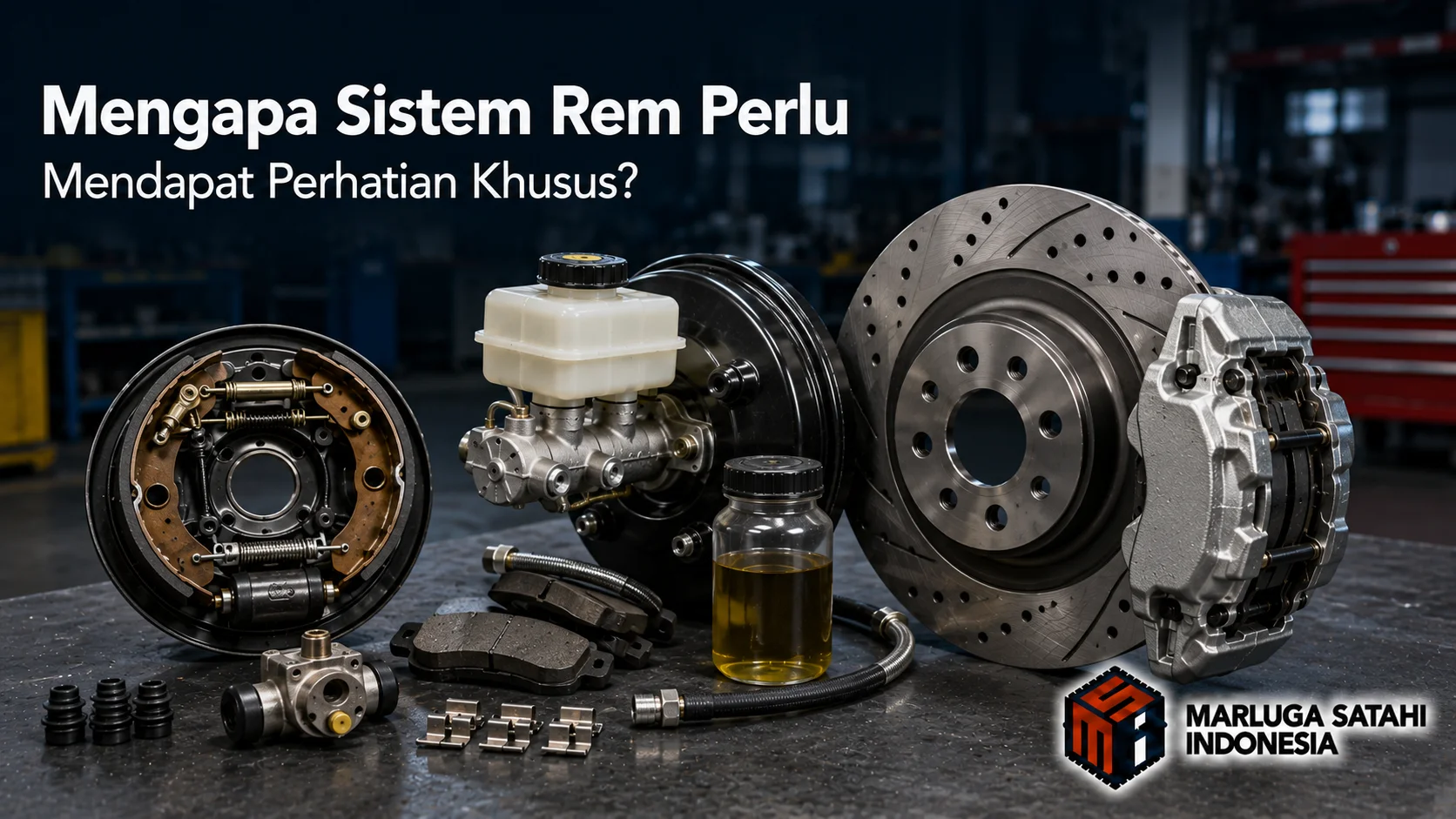 Banner sistem rem mobil dengan komponen brake disc, brake booster, kampas rem, dan tromol sebagai ilustrasi pentingnya pemeriksaan sistem pengereman kendaraan.