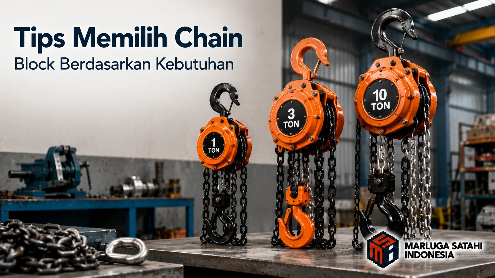 Banner industri yang menampilkan chain block sebagai alat angkat manual dengan latar area workshop, menggambarkan tips memilih chain block berdasarkan kapasitas, spesifikasi, dan kebutuhan operasional industri.