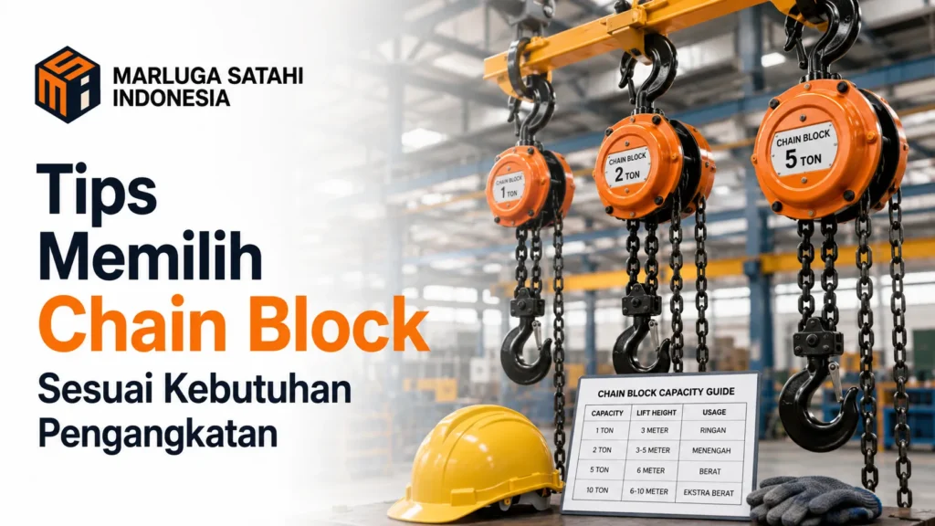 Banner panduan Marluga Satahi Indonesia bertuliskan 'Tips Memilih Chain Block Sesuai Kebutuhan Pengangkatan' menampilkan jajaran tiga katrol rantai oranye berkapasitas 1 ton, 2 ton, dan 5 ton, lengkap dengan tabel panduan kapasitas beban di depan helm keselamatan kuning.
