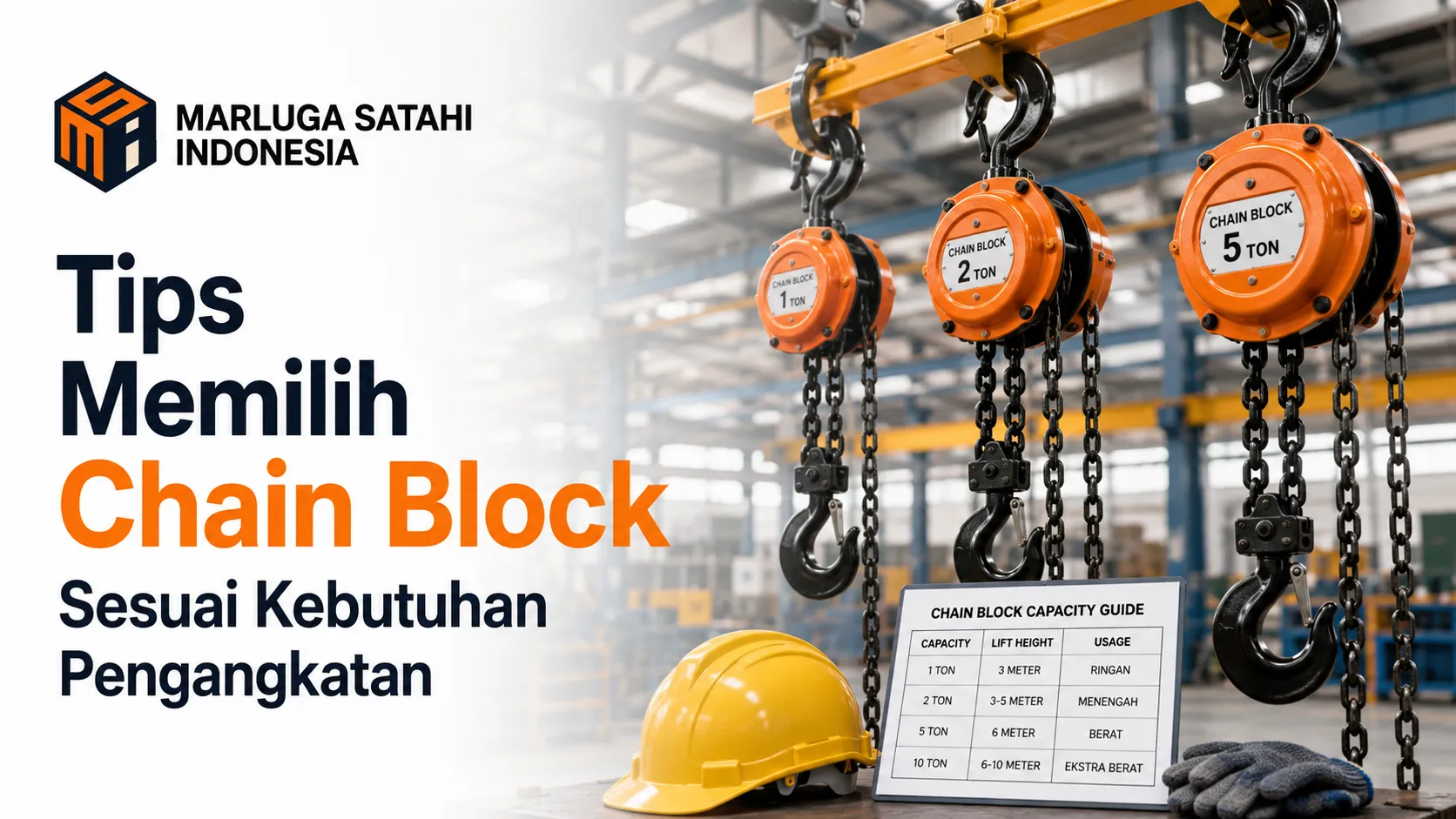 Banner panduan Marluga Satahi Indonesia bertuliskan 'Tips Memilih Chain Block Sesuai Kebutuhan Pengangkatan' menampilkan jajaran tiga katrol rantai oranye berkapasitas 1 ton, 2 ton, dan 5 ton, lengkap dengan tabel panduan kapasitas beban di depan helm keselamatan kuning.