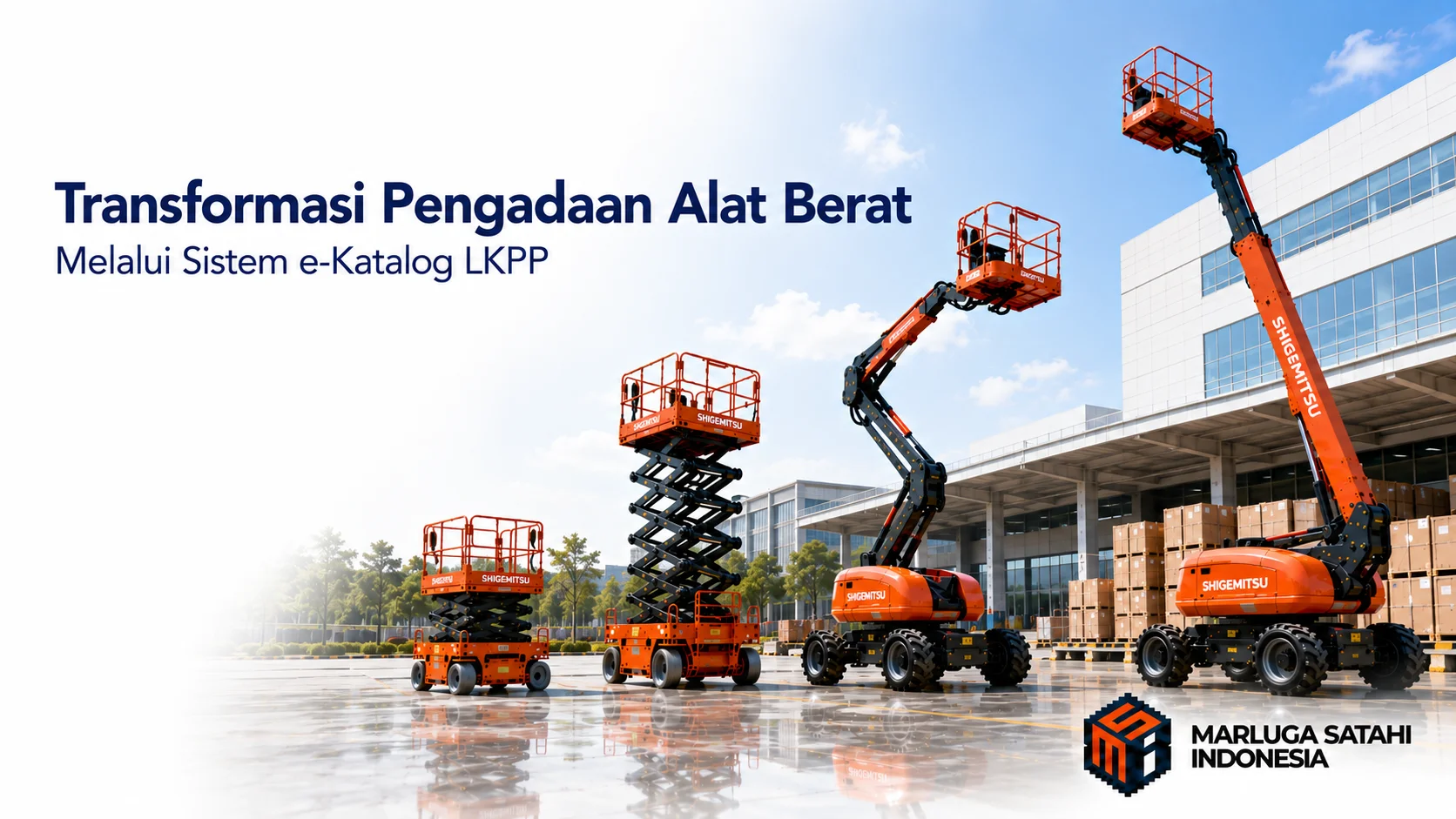 Shigemitsu Aerial Work Platform berjajar di area logistik modern sebagai ilustrasi transformasi pengadaan alat berat melalui sistem e-Katalog LKPP bersama Marluga Satahi Indonesia.