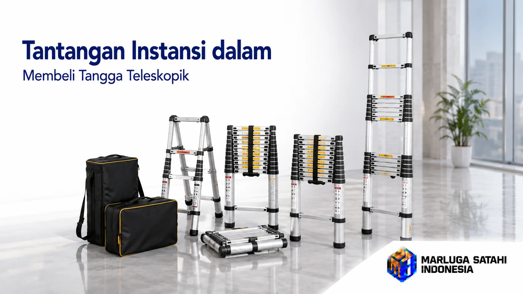 Banner menampilkan komparasi berbagai model tangga teleskopik aluminium dalam kondisi terbuka dan tertutup di ruang modern yang terang. Judul "Komparasi Vendor Tangga" dengan subjudul "Teleskopik e-Katalog Berdasarkan Produk" berada di sisi kiri, sedangkan logo MARLUGA SATAHI INDONESIA ditempatkan di pojok kanan bawah.