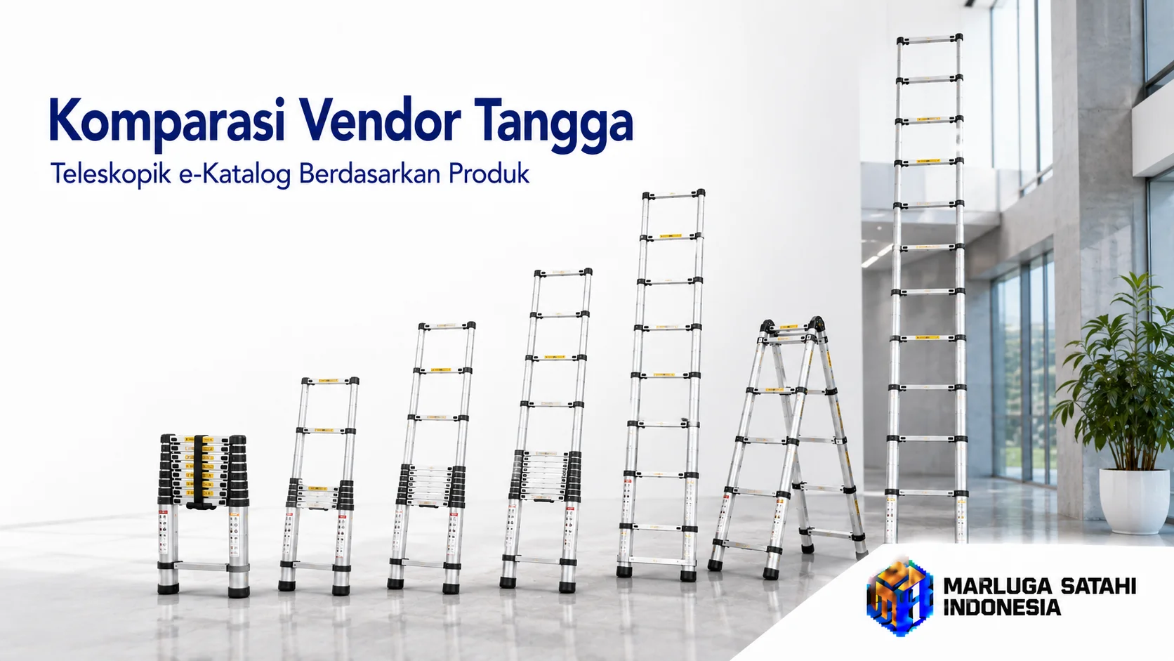 Banner promosi bertema komparasi vendor tangga teleskopik e-Katalog dengan beberapa tangga aluminium beragam tinggi dan model tersusun berjajar di ruang bergaya minimalis. Area kiri menyisakan ruang putih untuk judul, sementara logo MARLUGA SATAHI INDONESIA tampil di kanan bawah.