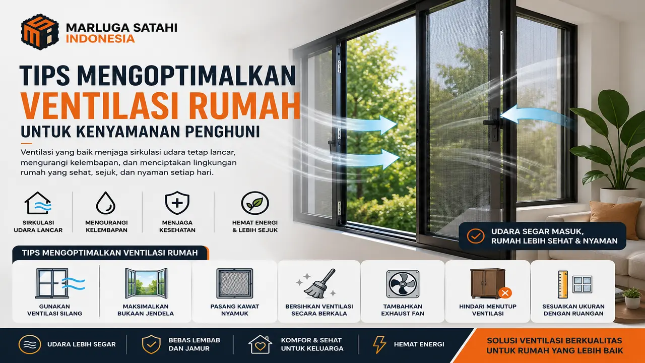 Ventilasi rumah dengan jendela dan kawat nyamuk untuk menjaga sirkulasi udara tetap lancar dan meningkatkan kenyamanan penghuni.