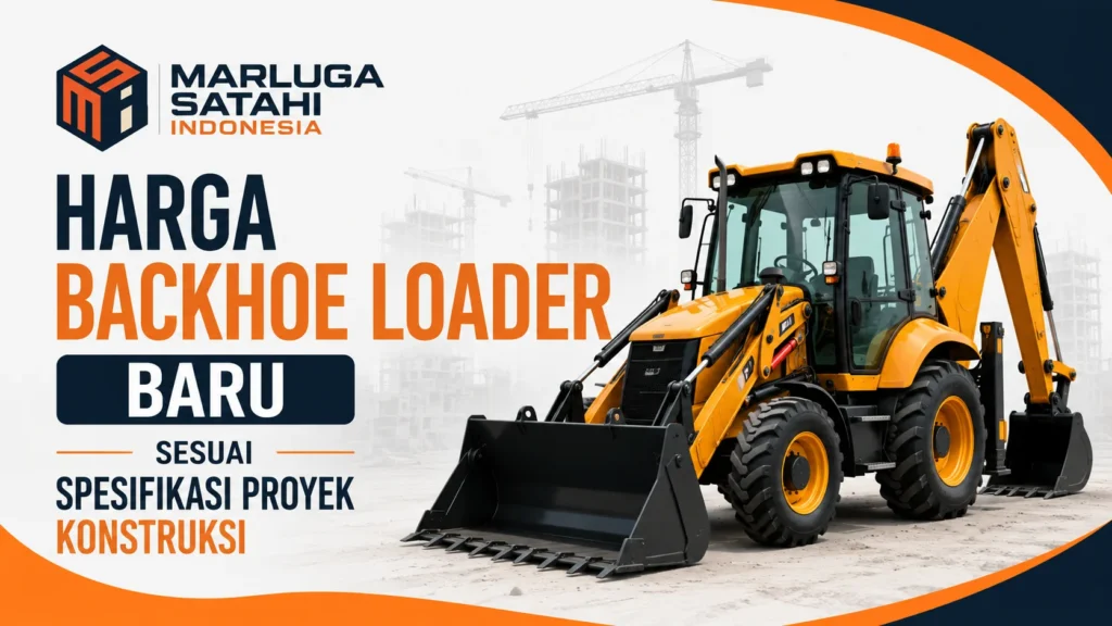 Feature image Harga Backhoe Loader Baru Sesuai Spesifikasi Proyek Konstruksi menampilkan ilustrasi unit backhoe loader untuk pekerjaan konstruksi dan proyek infrastruktur, dipadukan dengan logo Marluga Satahi Indonesia.