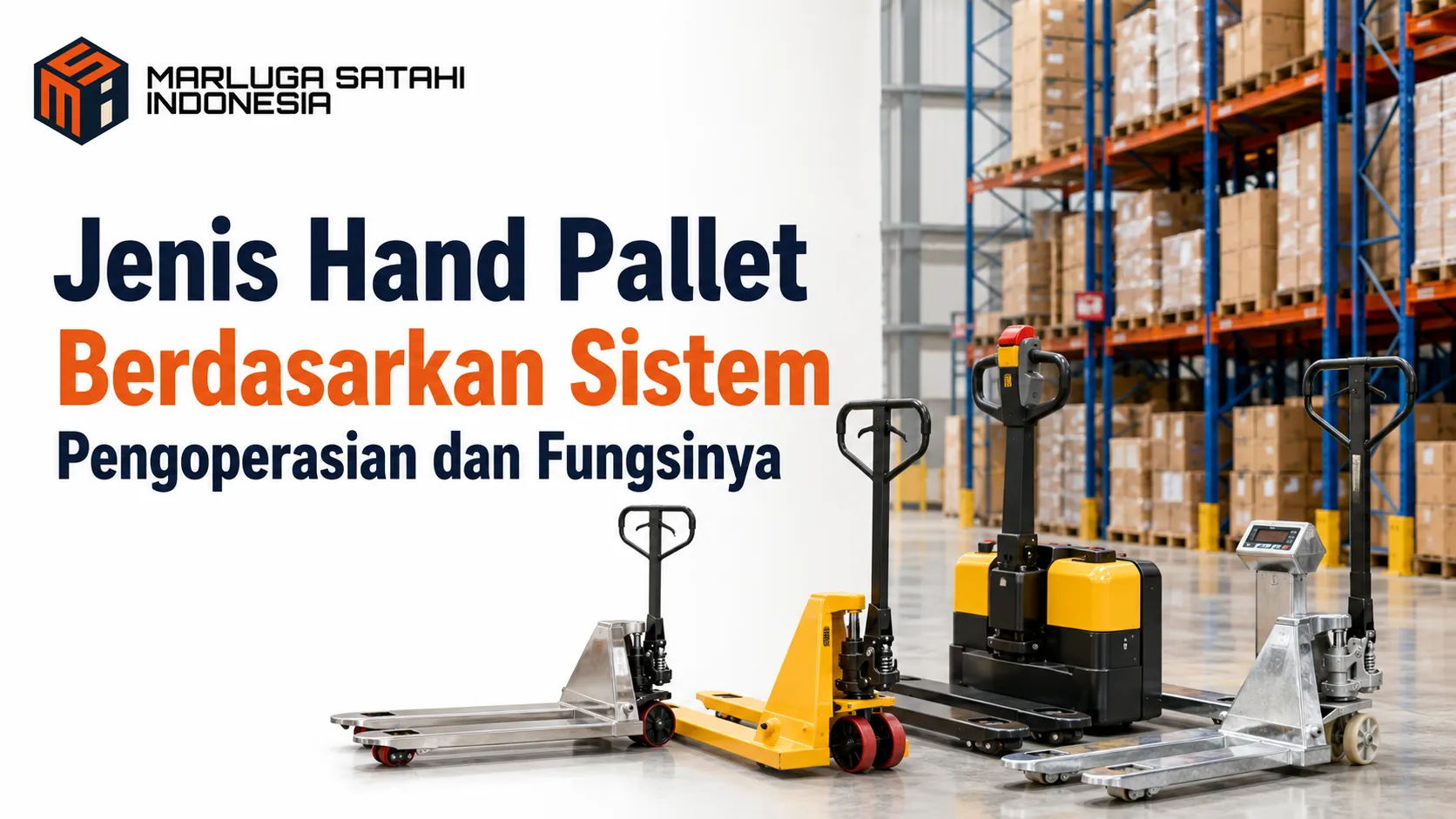 Jenis hand pallet berdasarkan sistem pengoperasian dan fungsinya untuk kebutuhan material handling di gudang, logistik, dan industri.