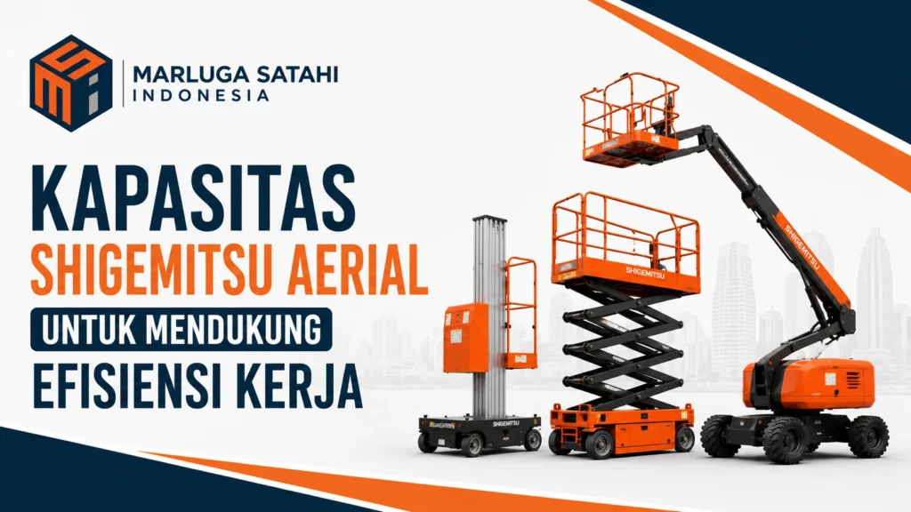 Feature image Kapasitas Shigemitsu Aerial untuk Mendukung Efisiensi Kerja menampilkan ilustrasi unit aerial work platform (AWP) Shigemitsu dengan berbagai kapasitas kerja serta logo Marluga Satahi Indonesia.