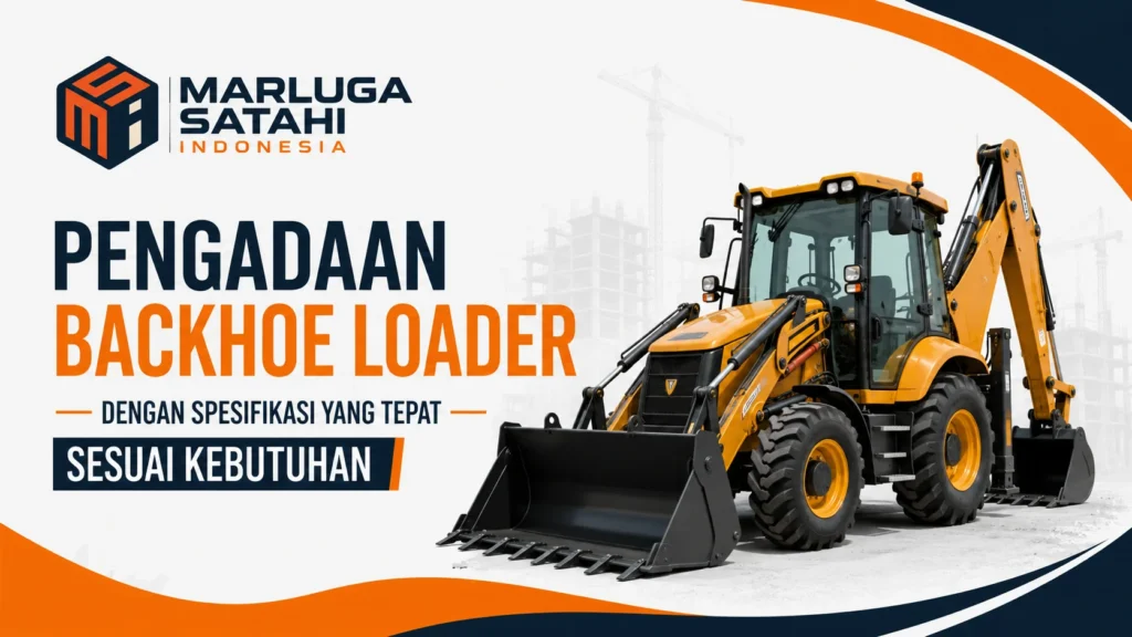 Feature image Pengadaan Backhoe Loader dengan Spesifikasi yang Tepat Sesuai Kebutuhan menampilkan ilustrasi unit backhoe loader untuk pekerjaan konstruksi dan infrastruktur, dipadukan dengan logo Marluga Satahi Indonesia.