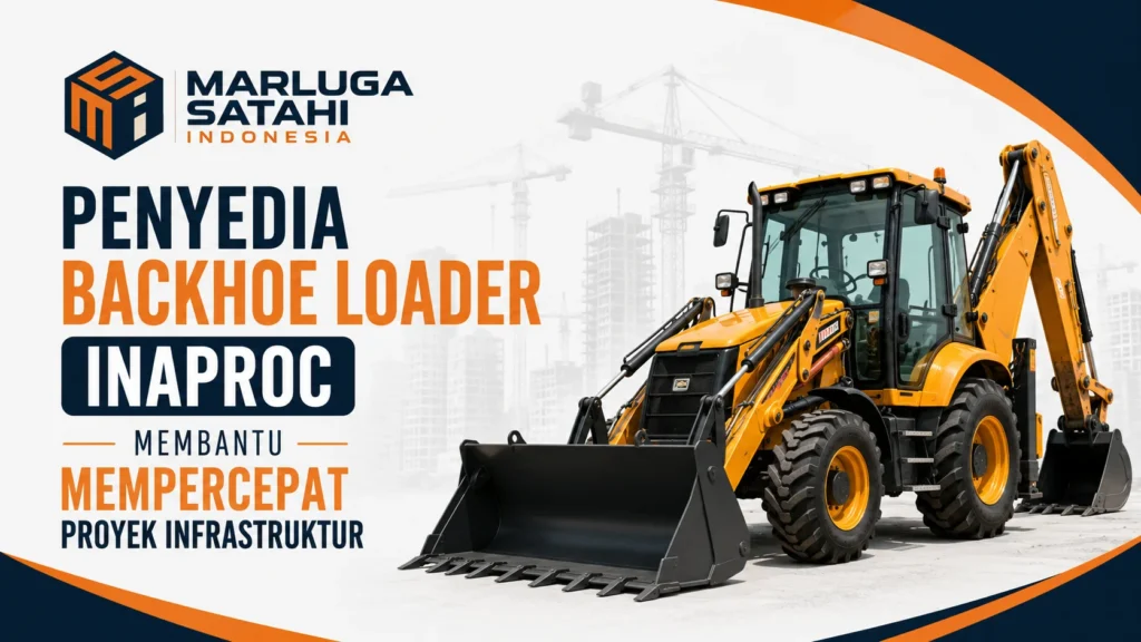 Feature image Penyedia Backhoe Loader Inaproc Membantu Mempercepat Proyek Infrastruktur menampilkan ilustrasi unit backhoe loader untuk pekerjaan konstruksi dan pembangunan infrastruktur serta logo Marluga Satahi Indonesia.