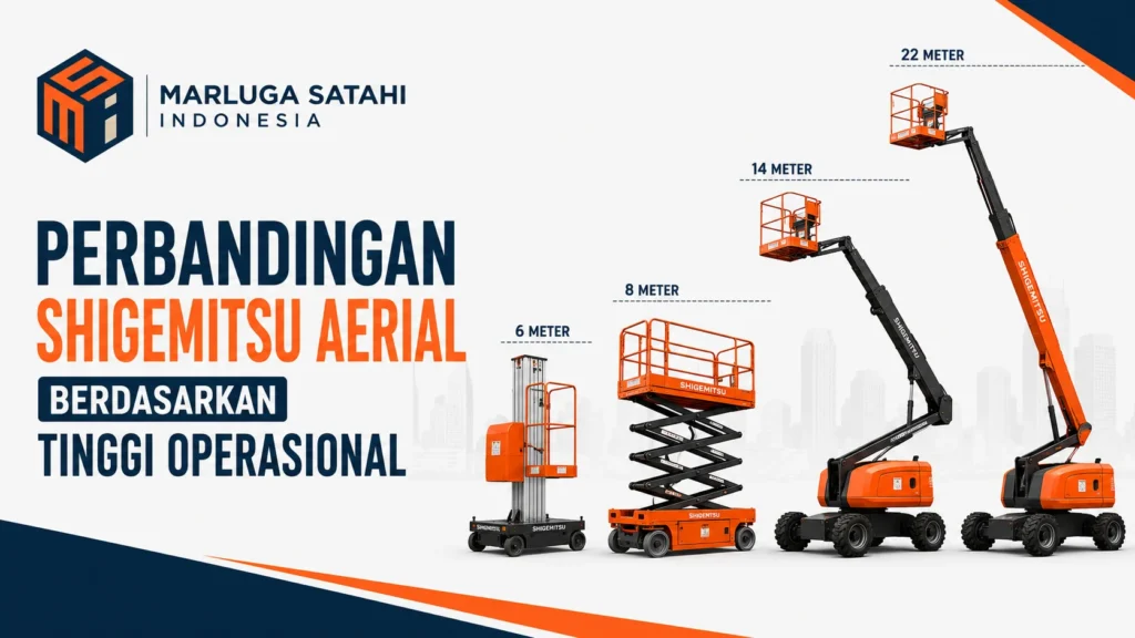 Feature image Perbandingan Shigemitsu Aerial Berdasarkan Tinggi Operasional menampilkan ilustrasi beberapa unit aerial work platform (AWP) Shigemitsu dengan tinggi operasional yang berbeda serta logo Marluga Satahi Indonesia.