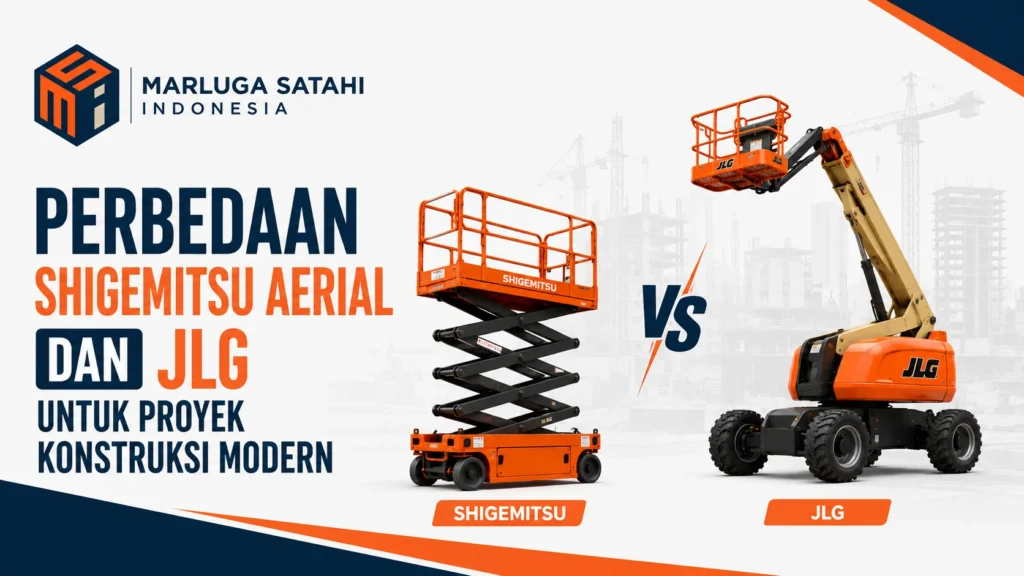 Feature image Perbedaan Shigemitsu Aerial dan JLG untuk Proyek Konstruksi Modern menampilkan ilustrasi perbandingan aerial work platform (AWP) Shigemitsu dan JLG untuk kebutuhan proyek konstruksi modern serta logo Marluga Satahi Indonesia.
