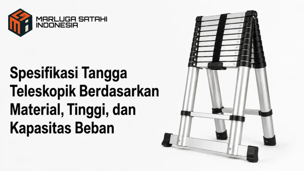 Spesifikasi tangga teleskopik berdasarkan material, tinggi, dan kapasitas beban dari Marluga Satahi Indonesia.
