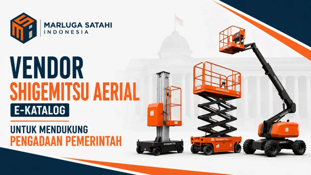 Feature image Vendor Shigemitsu Aerial E-Katalog untuk Mendukung Pengadaan Pemerintah menampilkan ilustrasi unit aerial work platform (AWP) Shigemitsu untuk pengadaan pemerintah melalui E-Katalog serta logo Marluga Satahi Indonesia.
