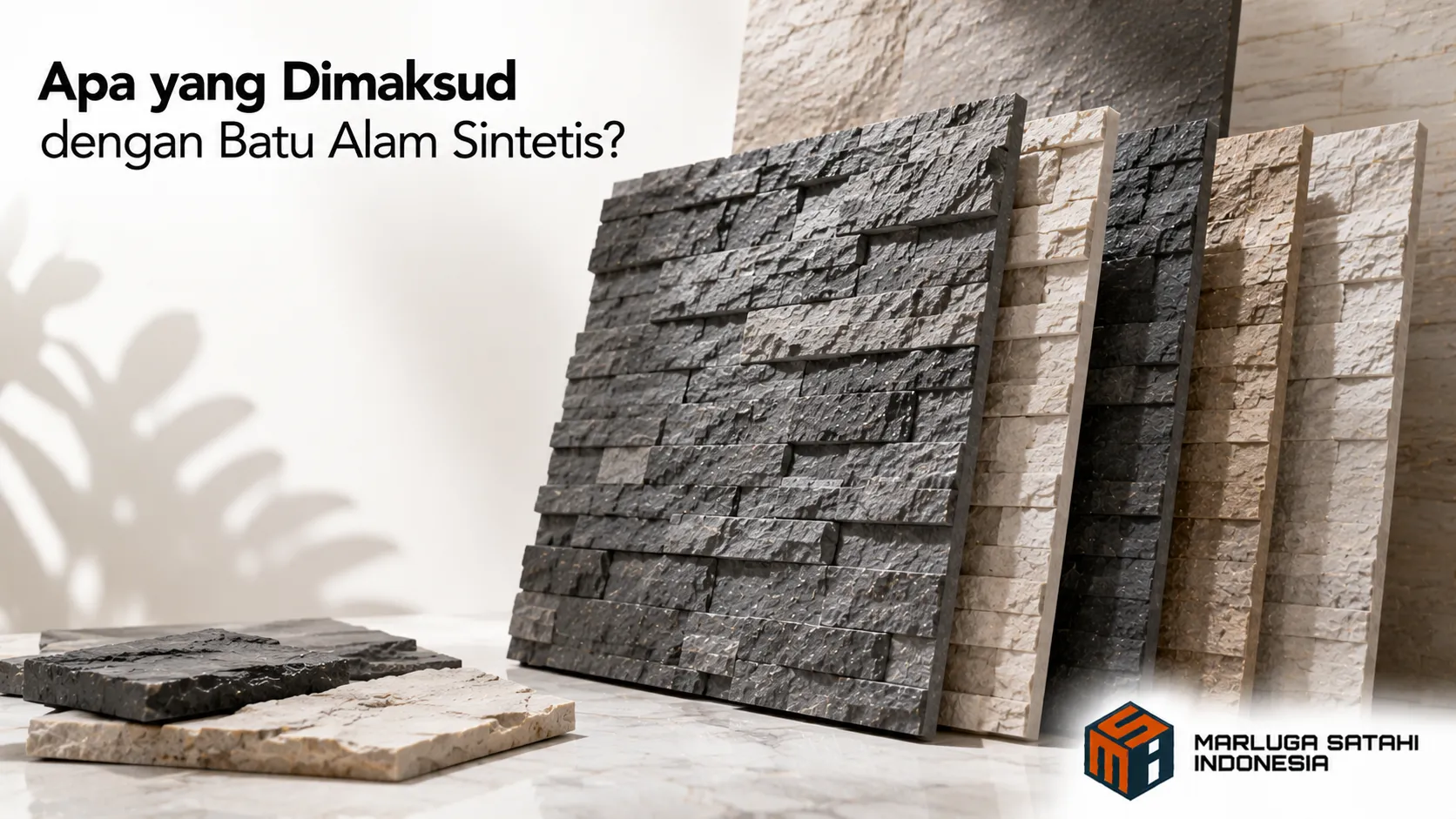 Panel batu alam sintetis dengan tekstur menyerupai batu alami sebagai material pelapis dinding yang ringan dan modern.