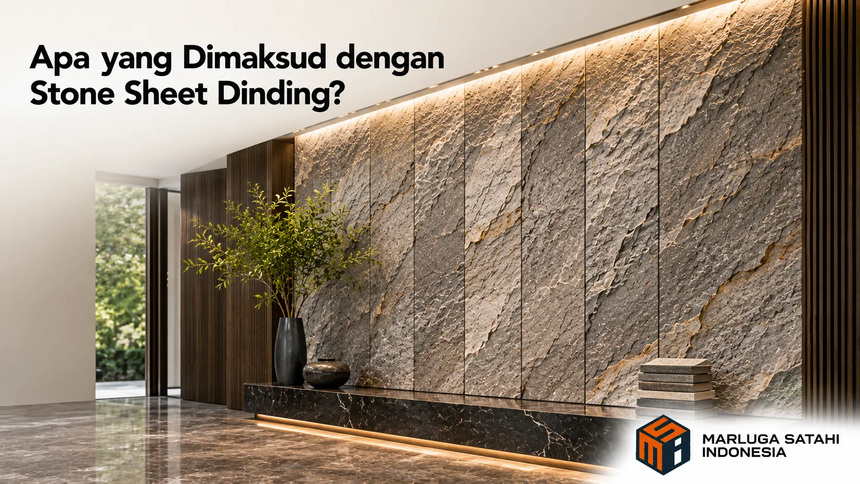 Stone sheet dinding dengan tekstur menyerupai batu alam yang menghadirkan tampilan modern dan elegan pada interior bangunan.