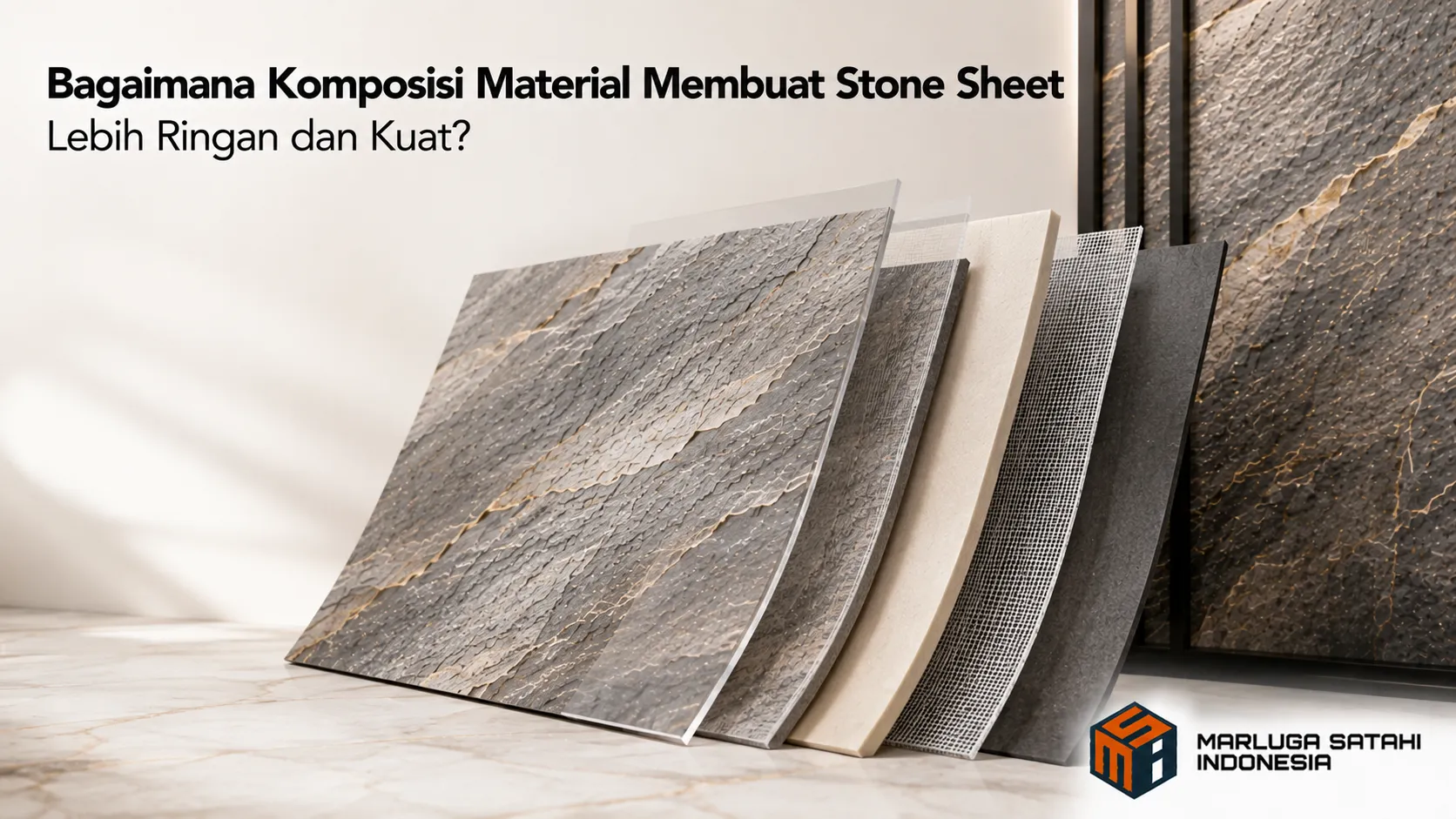 Stone sheet dengan struktur material berlapis yang dirancang untuk menghasilkan pelapis dinding interior yang ringan, kuat, dan estetis.