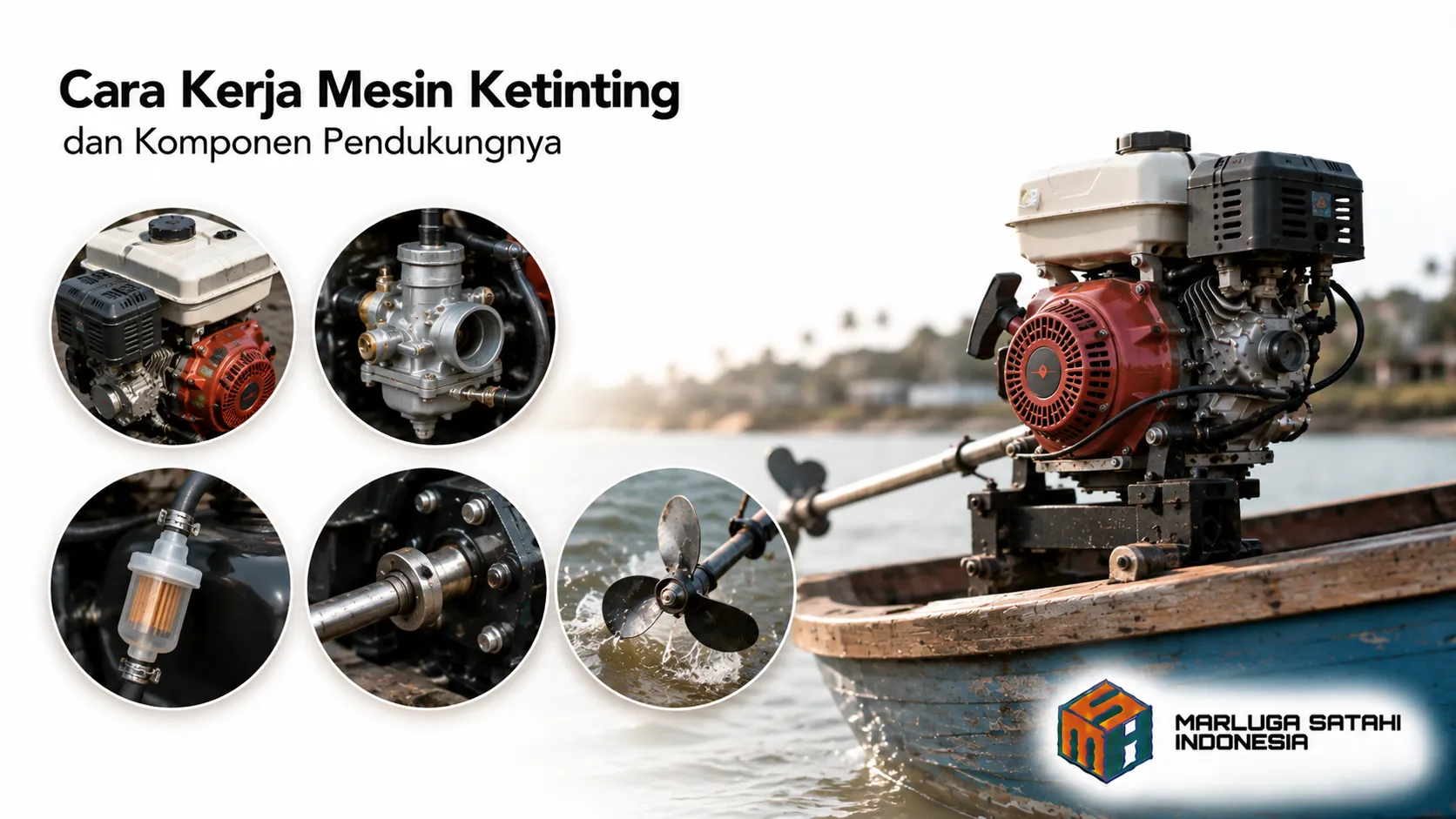 Mesin ketinting dengan komponen penggerak dan baling-baling pada perahu.