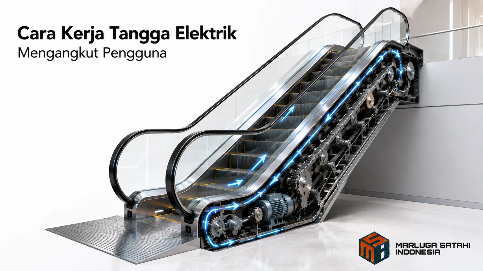 Ilustrasi tangga elektrik dengan potongan mekanisme internal yang menunjukkan cara kerja sistem pengangkut pengguna.