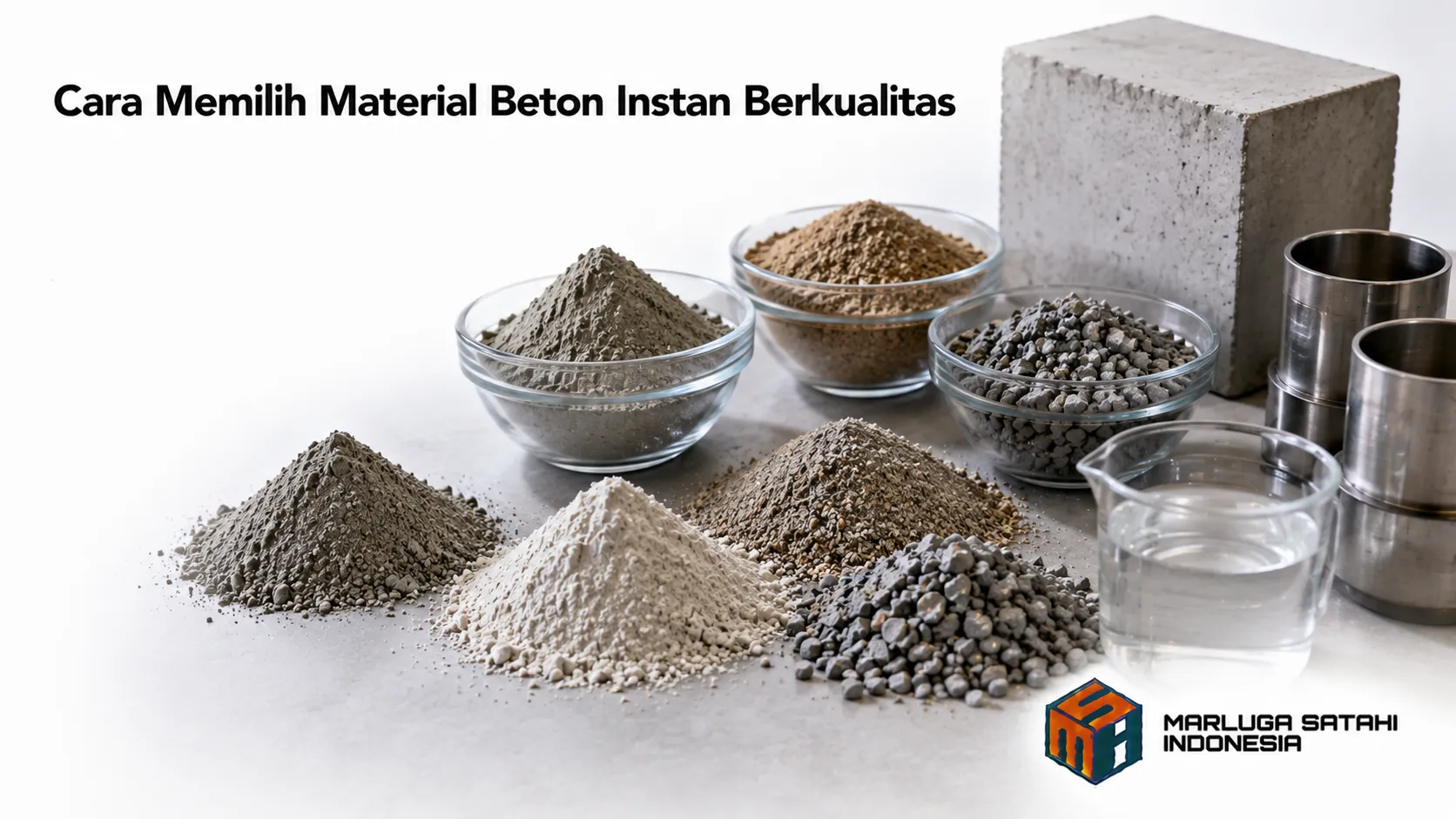 Material beton instan berkualitas dengan komposisi semen, agregat, dan bahan pendukung yang tersusun rapi untuk kebutuhan konstruksi.