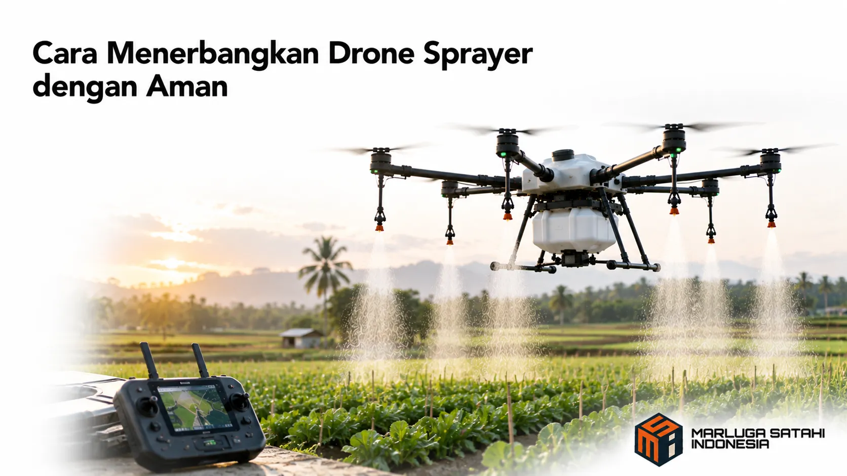 Drone sprayer melakukan penyemprotan otomatis di lahan pertanian sebagai ilustrasi pengoperasian yang aman dan presisi.