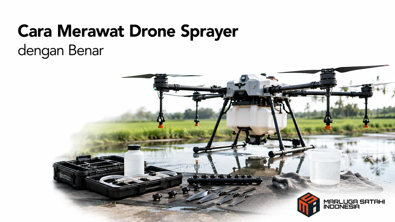 Drone sprayer dan perlengkapan perawatan berada di area pertanian sebagai ilustrasi perawatan rutin untuk menjaga performa alat tetap optimal.