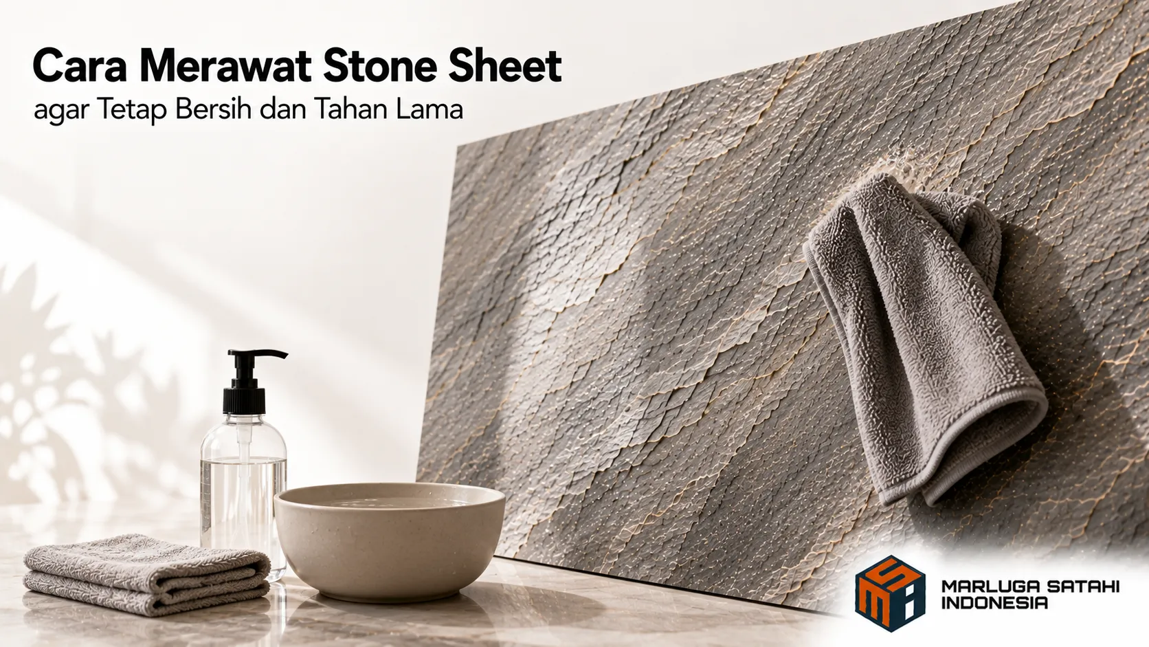 Stone sheet dibersihkan menggunakan kain microfiber sebagai ilustrasi perawatan yang tepat untuk menjaga kebersihan dan ketahanan material.