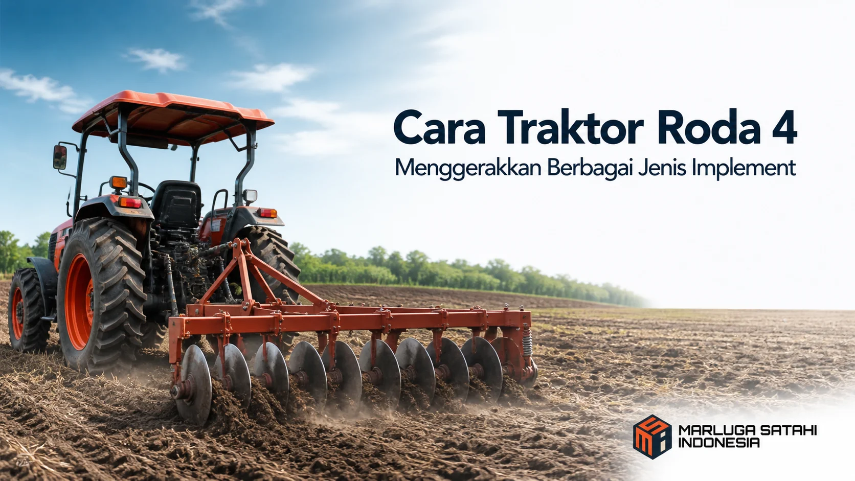 Traktor roda 4 menarik implement pertanian pada lahan terbuka untuk mendukung berbagai jenis pekerjaan.