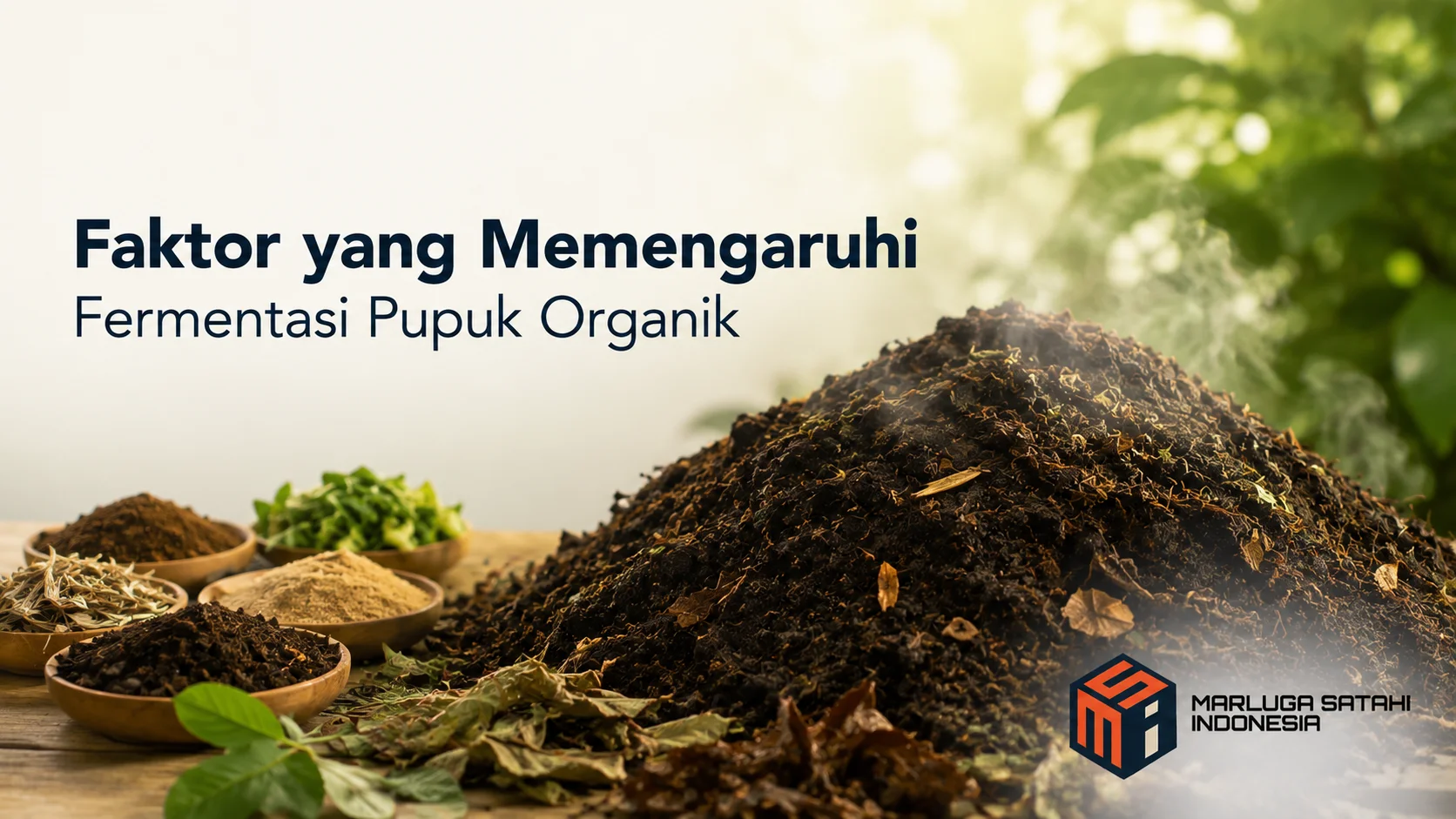 Tumpukan bahan organik dan kompos dengan bahan tanaman yang menggambarkan proses serta faktor yang memengaruhi fermentasi pupuk organik