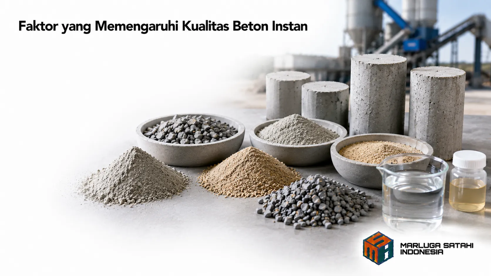 Material beton instan berkualitas dengan bahan baku utama dan sampel beton untuk mendukung mutu konstruksi.