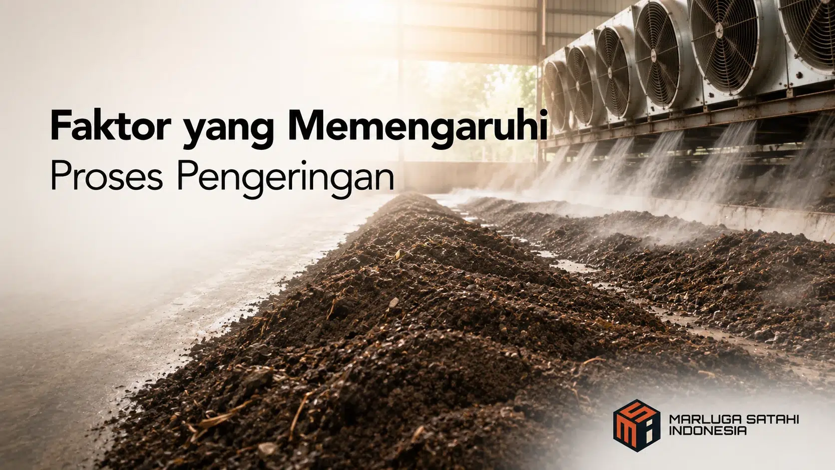Proses pengeringan pupuk organik di area industri dengan sistem sirkulasi udara untuk membantu mengendalikan kelembapan bahan.