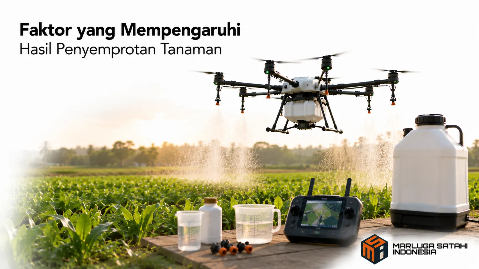 Drone sprayer melakukan penyemprotan presisi di lahan pertanian dengan perlengkapan pendukung untuk menghasilkan aplikasi yang merata.