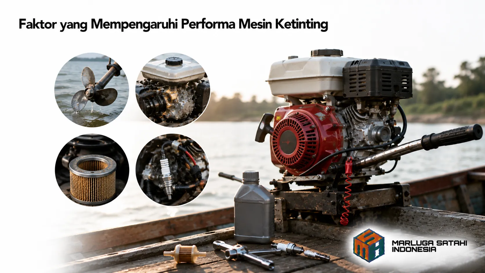 Mesin ketinting di atas perahu dengan komponen pendukung yang mencerminkan faktor-faktor yang memengaruhi performa mesin.
