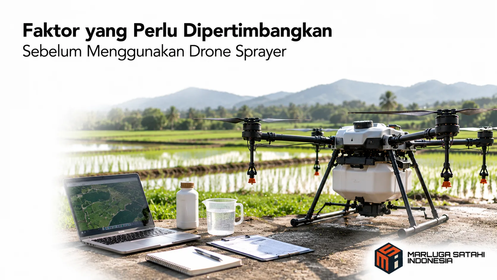 Drone sprayer berada di lahan pertanian dengan perlengkapan pendukung sebagai ilustrasi persiapan sebelum proses penyemprotan dilakukan.