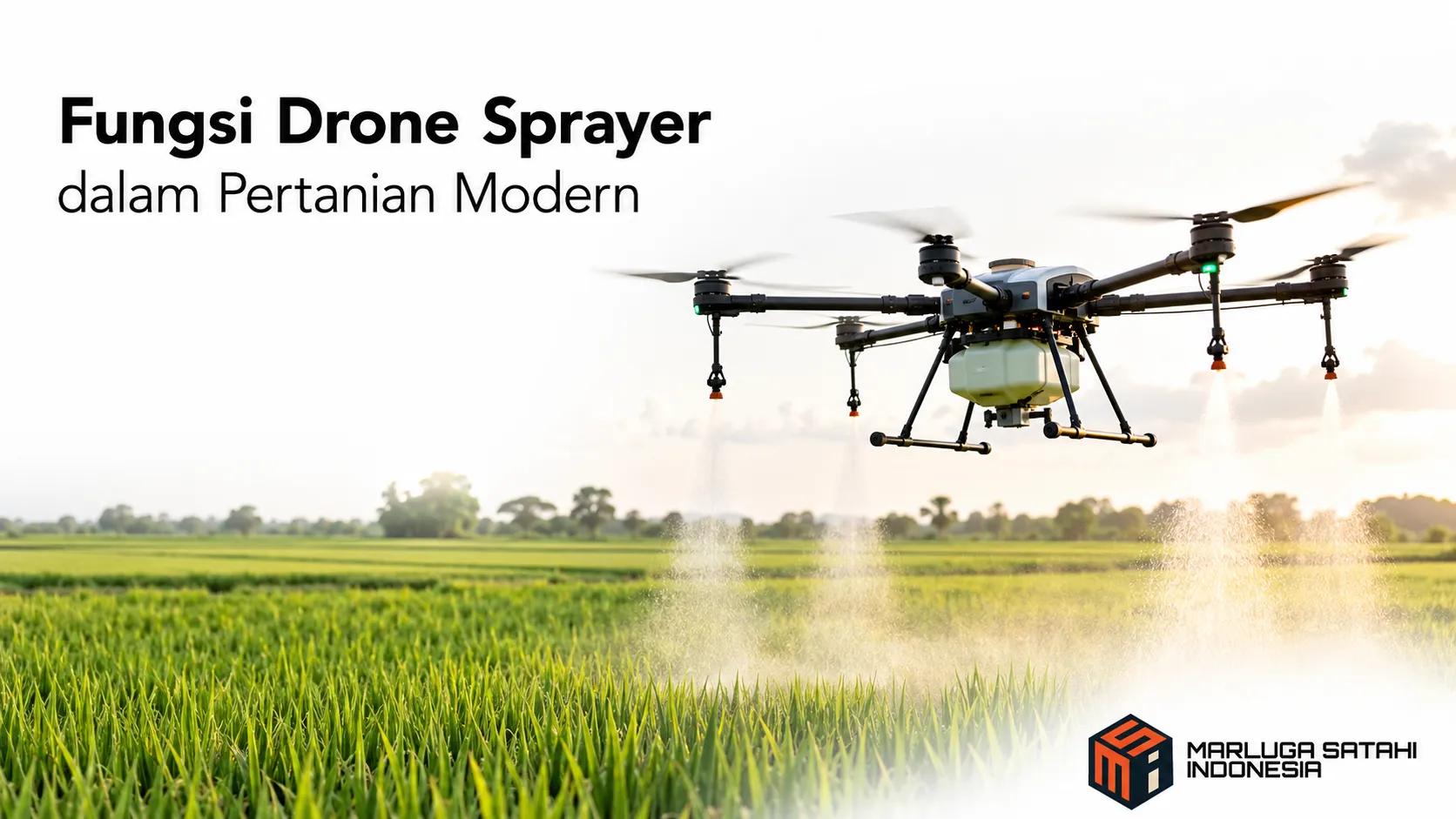 Drone sprayer sedang menyemprot lahan pertanian secara presisi untuk meningkatkan efisiensi penyemprotan dalam pertanian modern.