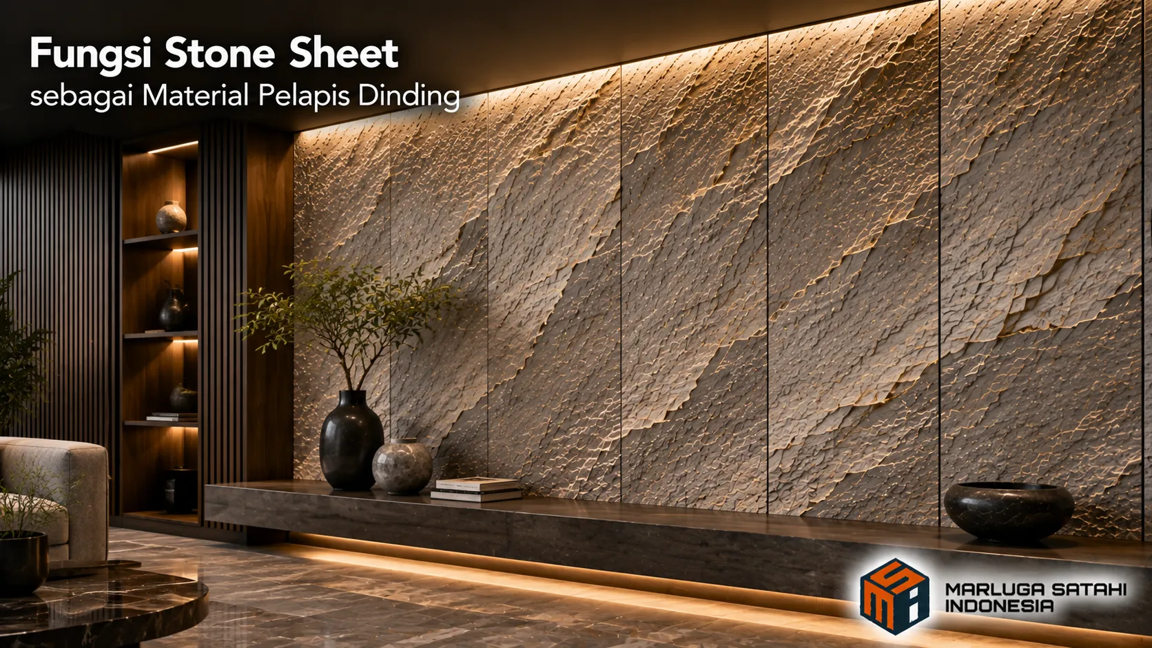 Stone sheet dinding dengan tekstur batu alam sebagai material pelapis interior yang menghadirkan kesan modern dan elegan.