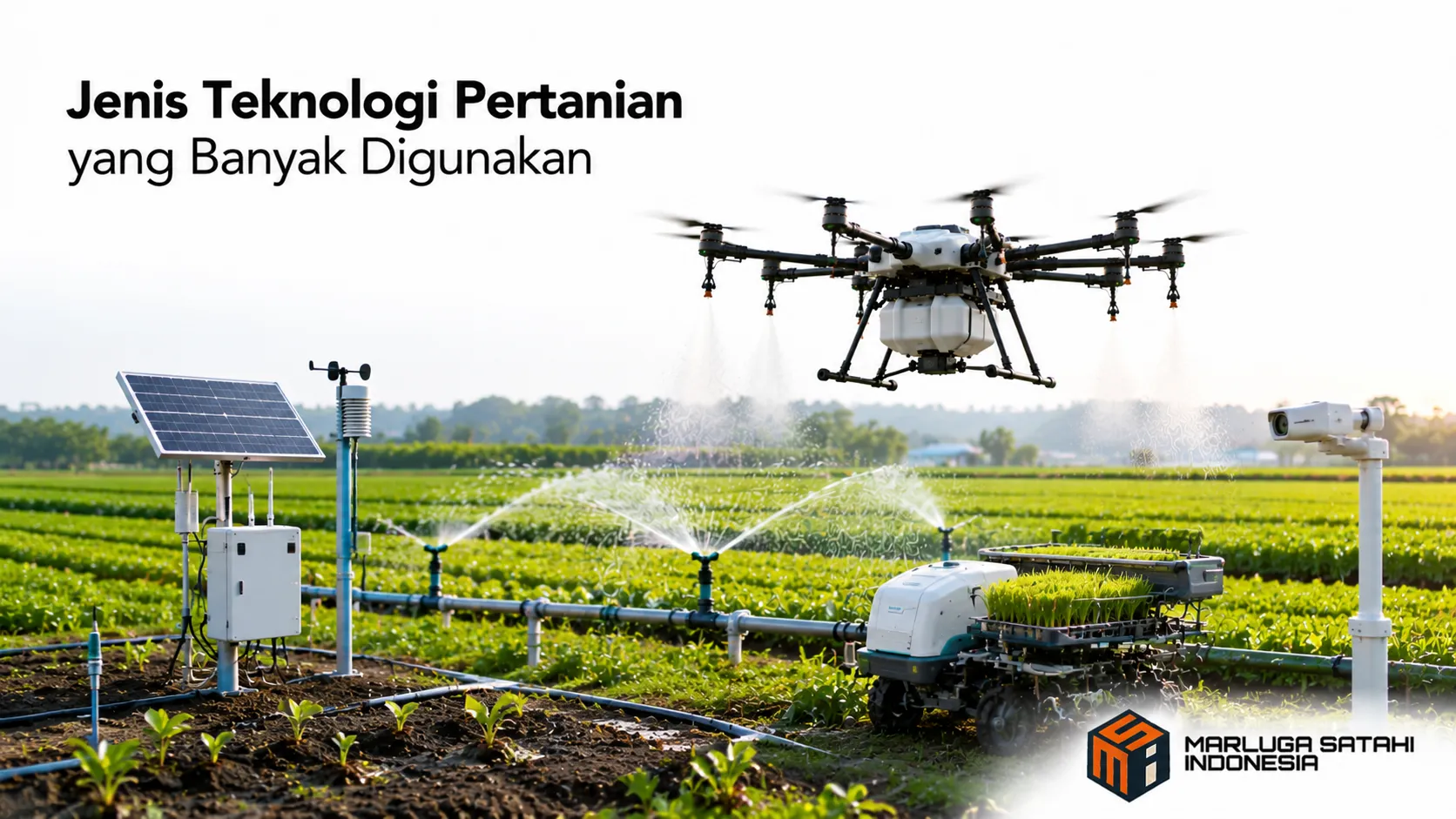 Berbagai teknologi pertanian modern seperti drone sprayer, sistem irigasi, dan sensor lapangan mendukung efisiensi pengelolaan lahan pertanian.
