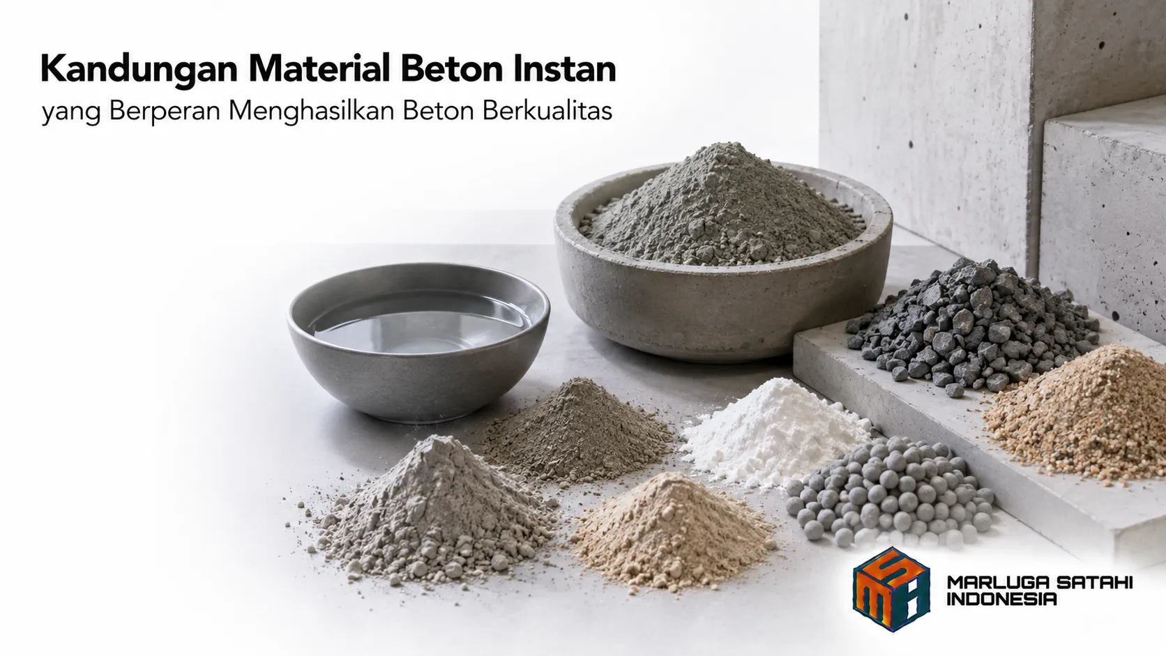 Material penyusun beton instan seperti semen, agregat, dan bahan tambahan sebagai komponen pembentuk beton berkualitas.