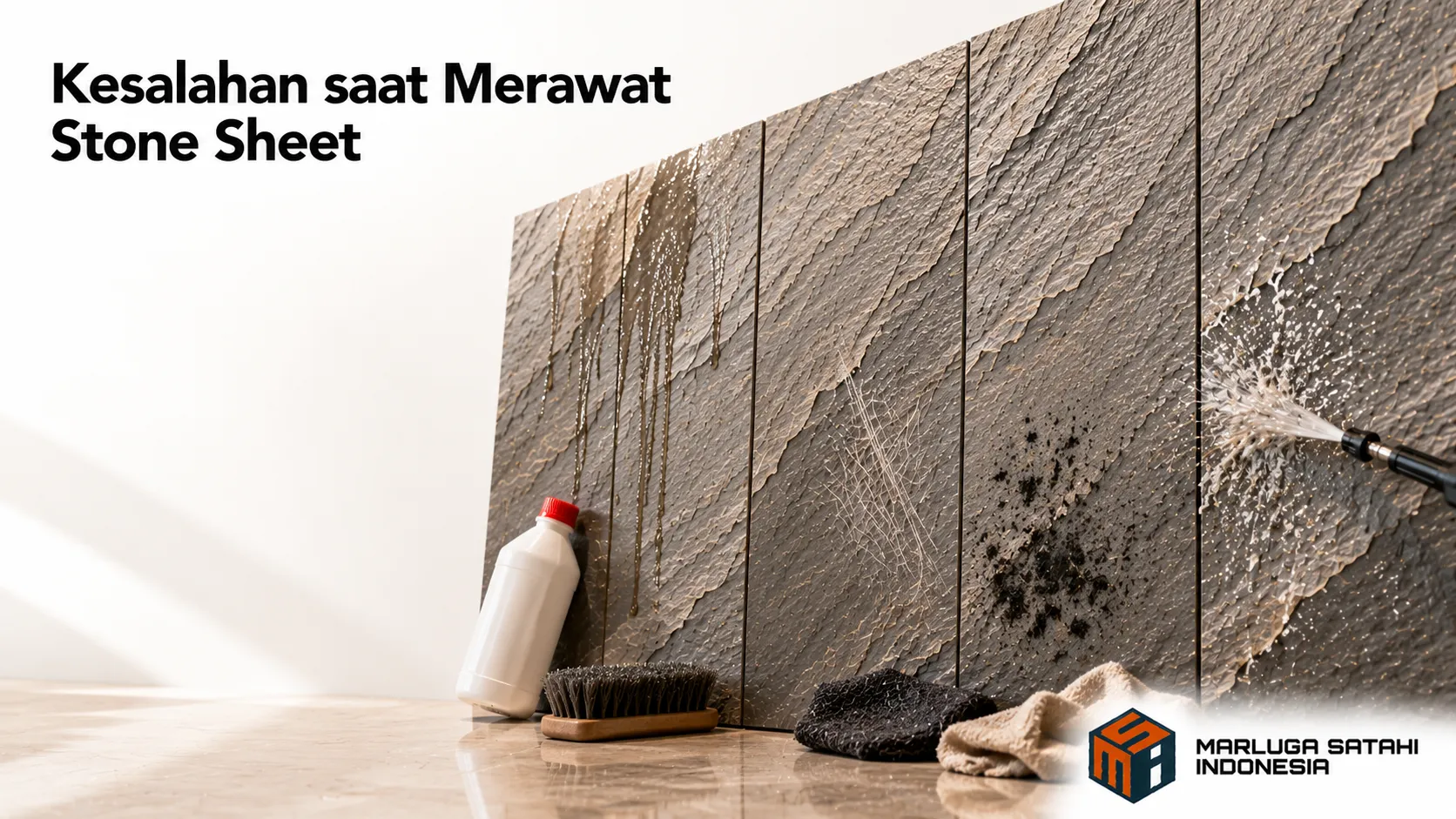 Stone sheet dinding dengan ilustrasi kesalahan perawatan yang dapat memengaruhi tampilan dan daya tahan material interior.